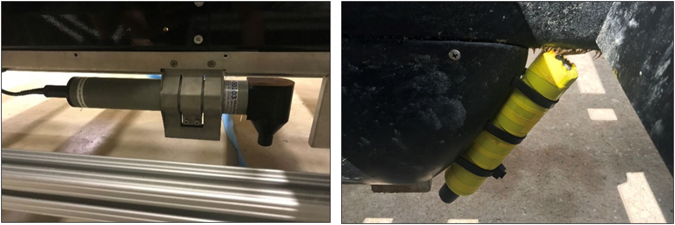 Two images showing devices installed under vehicles. The left image shows a cylindrical device with cables and mounted on a metal frame. The right image depicts a cylindrical object wrapped in yellow material and attached to a dark surface.