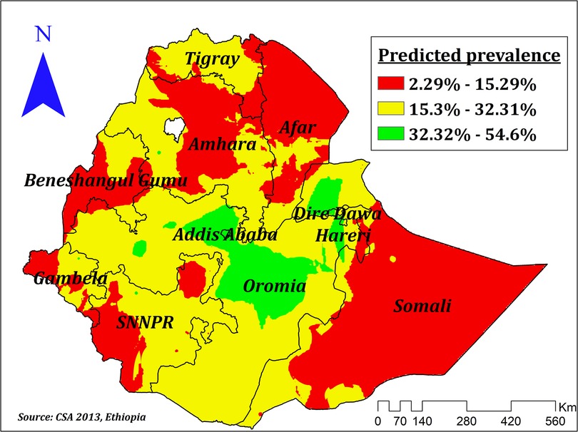 Map of Ethiopia showing predicted prevalence of correct knowledge of ovulatory cycle by region. Red indicates 2.29% to 15.29%, yellow indicates 15.3% to 32.31%, and green indicates 32.32% to 54.6%. Regions labeled include Tigray, Afar, Amhara, Oromia, Somali, SNNPR, Gambela, Harari, Benishangul, Addis Ababa and Dire Dawa. A compass points north. Data source: CSA 2013, Ethiopia.