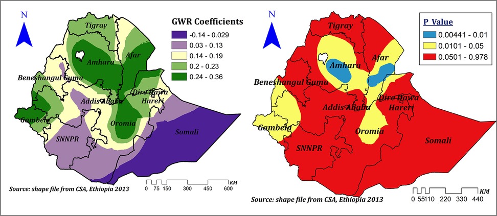 Two maps of Ethiopia are displayed. The left map shows GWR coefficients, with regions with colors ranging from purple to dark green. The right Map illustrates p-values, with regions shaded in blue, yellow, and red. Each map includes a legend for interpreting color codes and a navigational arrow for north orientation. Both maps include regional labels and a distance scale in kilometers.