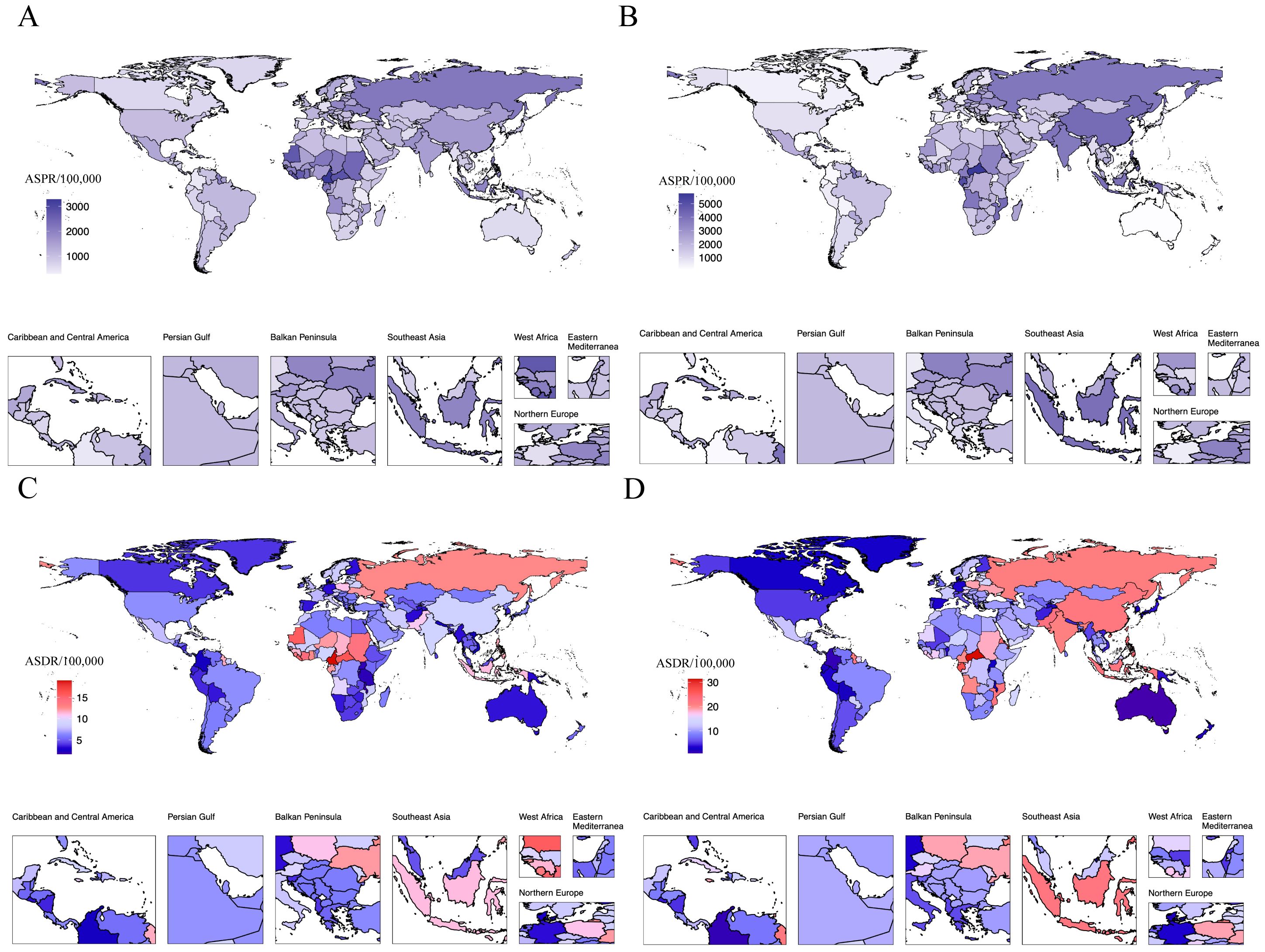 Four world maps (A, B, C, D) with regional insets showing different data distributions. Maps A and B use a blue gradient, representing numerical values ranging from 1,000 to 5,000. Maps C and D use a blue to red gradient, highlighting values from 5 to 30. Insets include regions such as the Caribbean, Persian Gulf, and Southeast Asia.