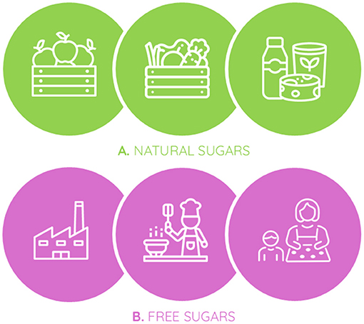 Illustration with two sections: Natural Sugars section shows icons of fruits, vegetables, and dairy products. Free Sugars section features icons of a food production factory, a chef cooking, and a person baking cookies next to a child.