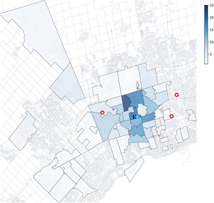 Map illustrating various regions shaded in blue, indicating different data values on a scale from 5 to 25. Darker blue signifies higher data values. Three red cross symbols are marked on the map, indicating specific locations.