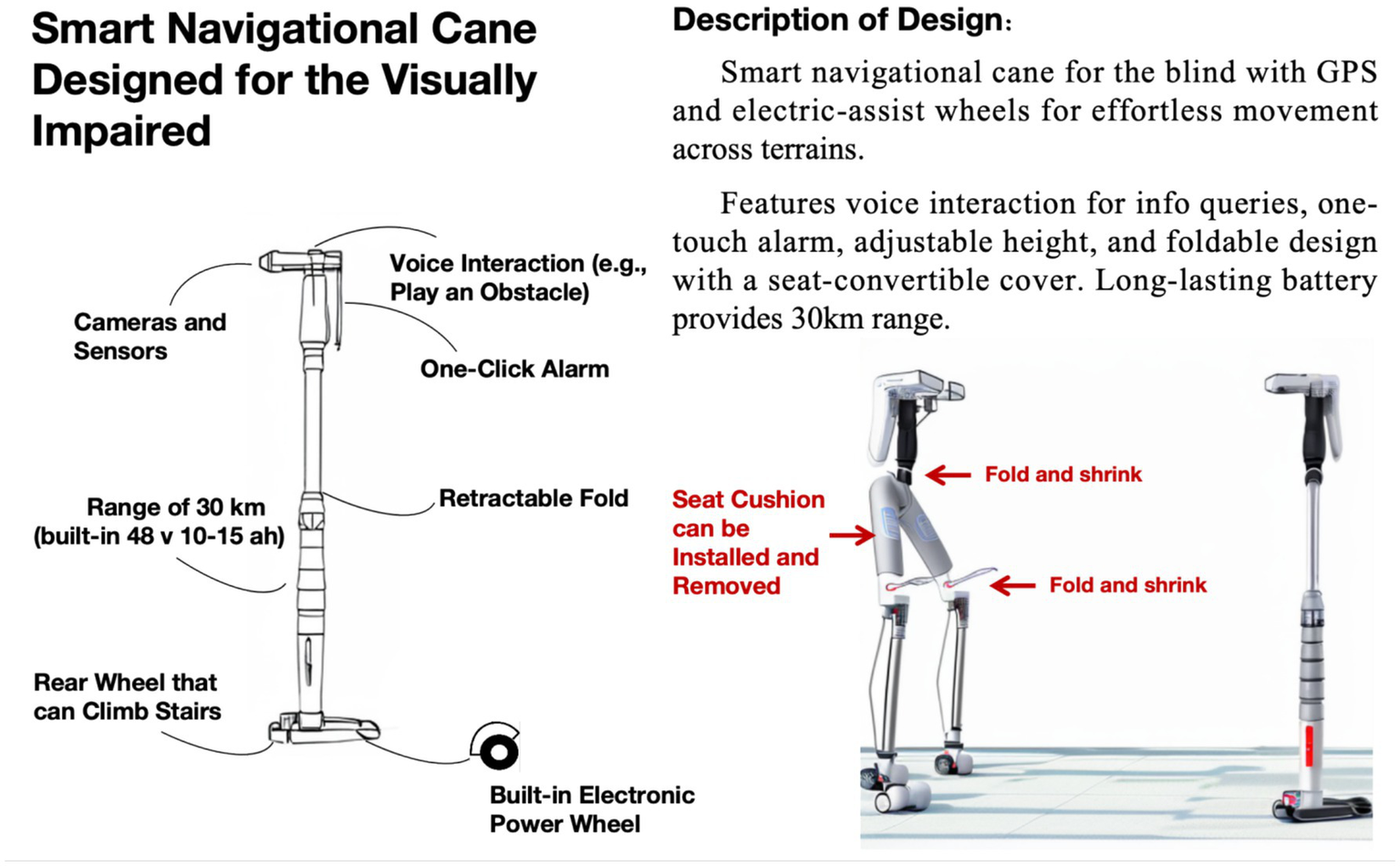 Smart navigational cane for visually impaired individuals featuring GPS, electric-assist wheels, cameras, and sensors. Equipped with voice interaction, one-click alarm, and retractable fold. Supports a 30-kilometer range with a built-in electronic power wheel, stair-climbing capability, adjustable height, and removable seat cushion. Design includes a foldable feature for portability.