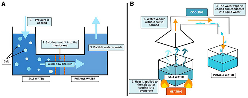 Figure 1 - (A) In reverse osmosis, a special filter (membrane) is used to separate salt from water.