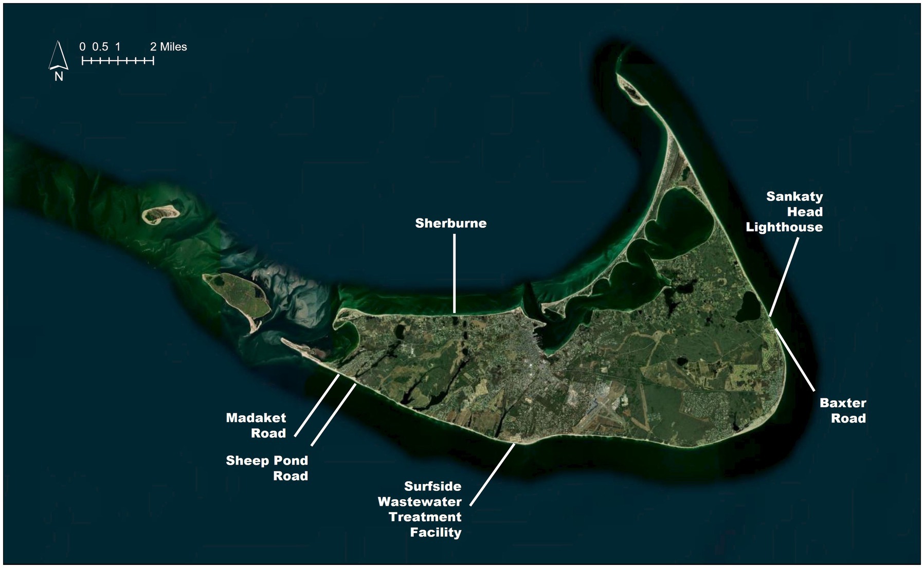 Satellite map of a coastal region with landmarks labeled. From left to right: Madaket Road, Sheep Pond Road, Sherburne, Surfside Wastewater Treatment Facility, Baxter Road, and Sankaty Head Lighthouse. A scale and north arrow are present.