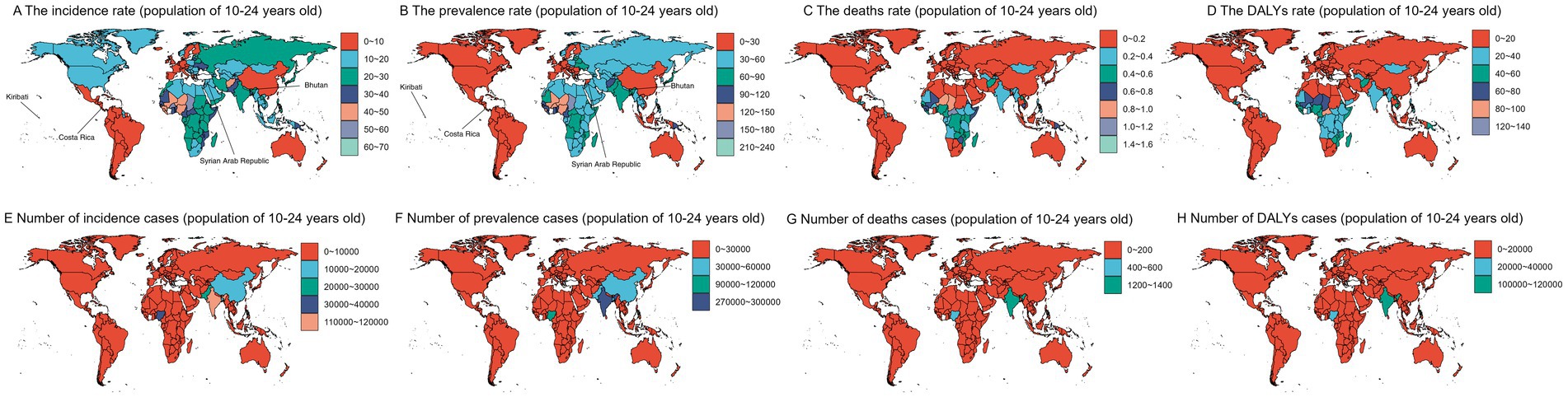 World maps displaying data for the population aged 10–24 years. Panels A–D show the incidence rate, prevalence rate, death rate, and disability-adjusted life years (DALY) rate, respectively, using color gradients to represent different value ranges. Panels E–H present the number of incidence cases, prevalence cases, death cases, and DALY cases.