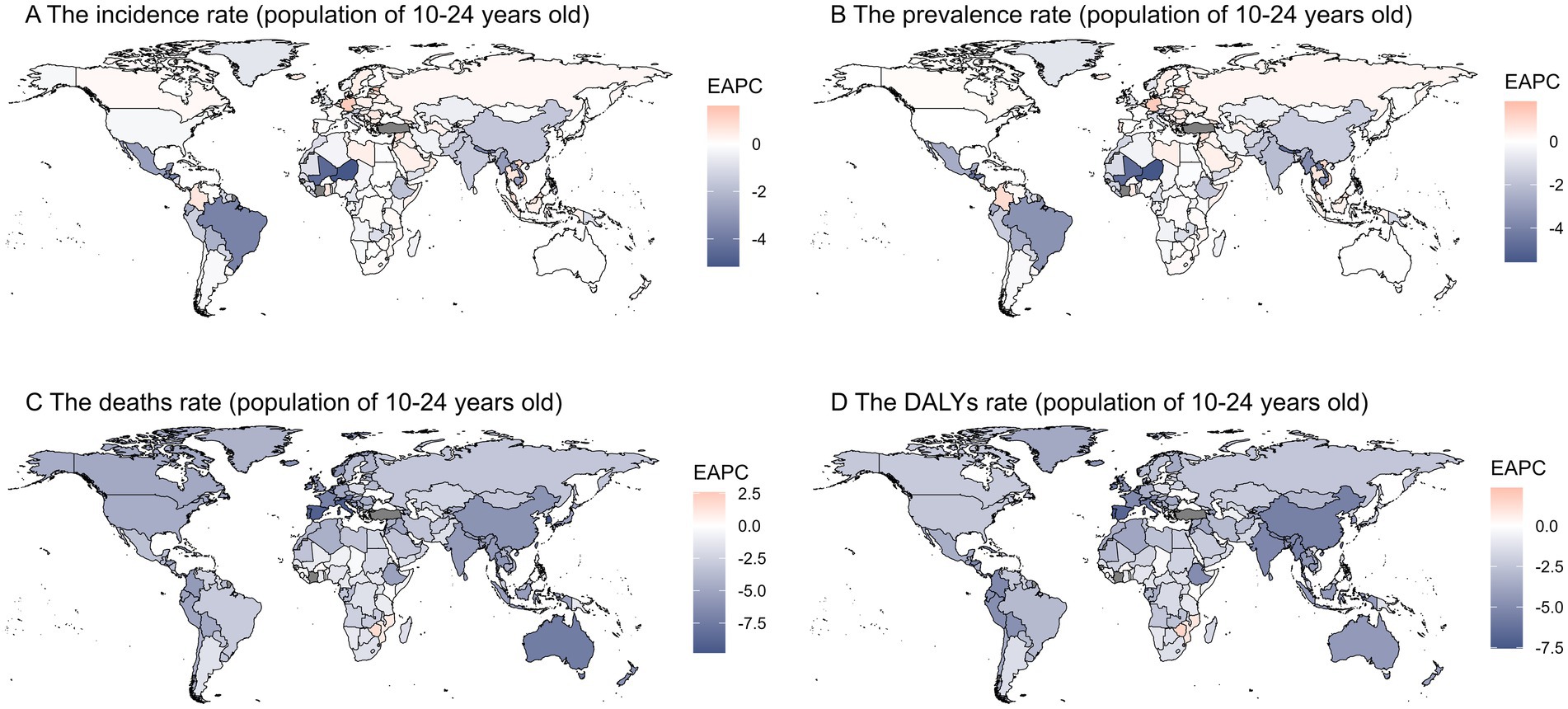 Four world maps depict epidemiological data for the population aged ten to twenty-four. Map A shows incidence rates, B shows prevalence rates, C illustrates death rates, and D presents DALYs rates. Each map uses a color gradient from red to blue, representing the Estimated Annual Percentage Change (EAPC). Red indicates higher rates, while blue signifies lower rates.