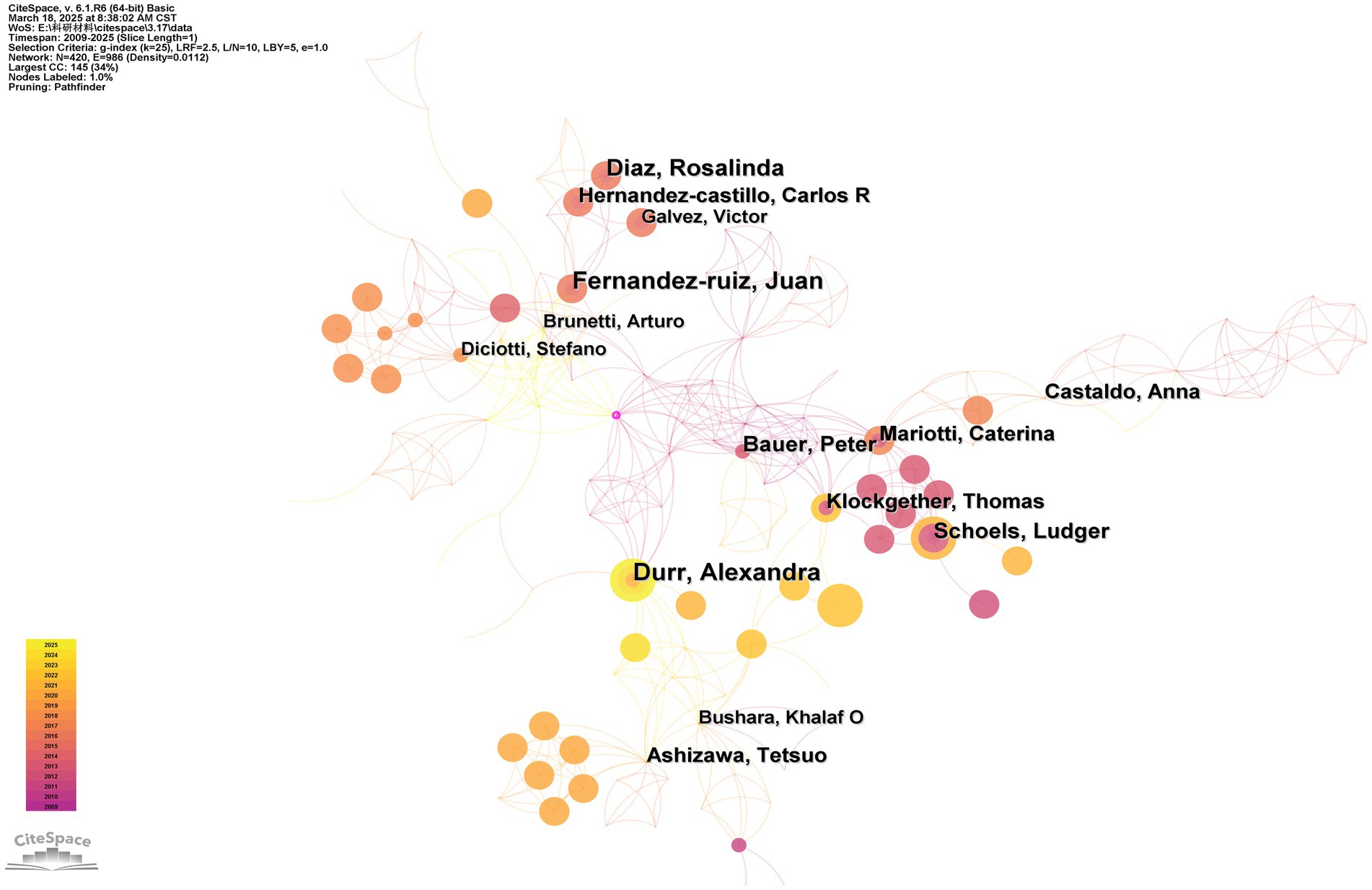 Network visualization of co-authorship connections, highlighting clusters of authors based on collaboration frequency. Nodes represent authors, sized by impact, with color gradients indicating publication years from 2000 to 2023. Prominent names include Diaz, Rosalinda and Durr, Alexandra.