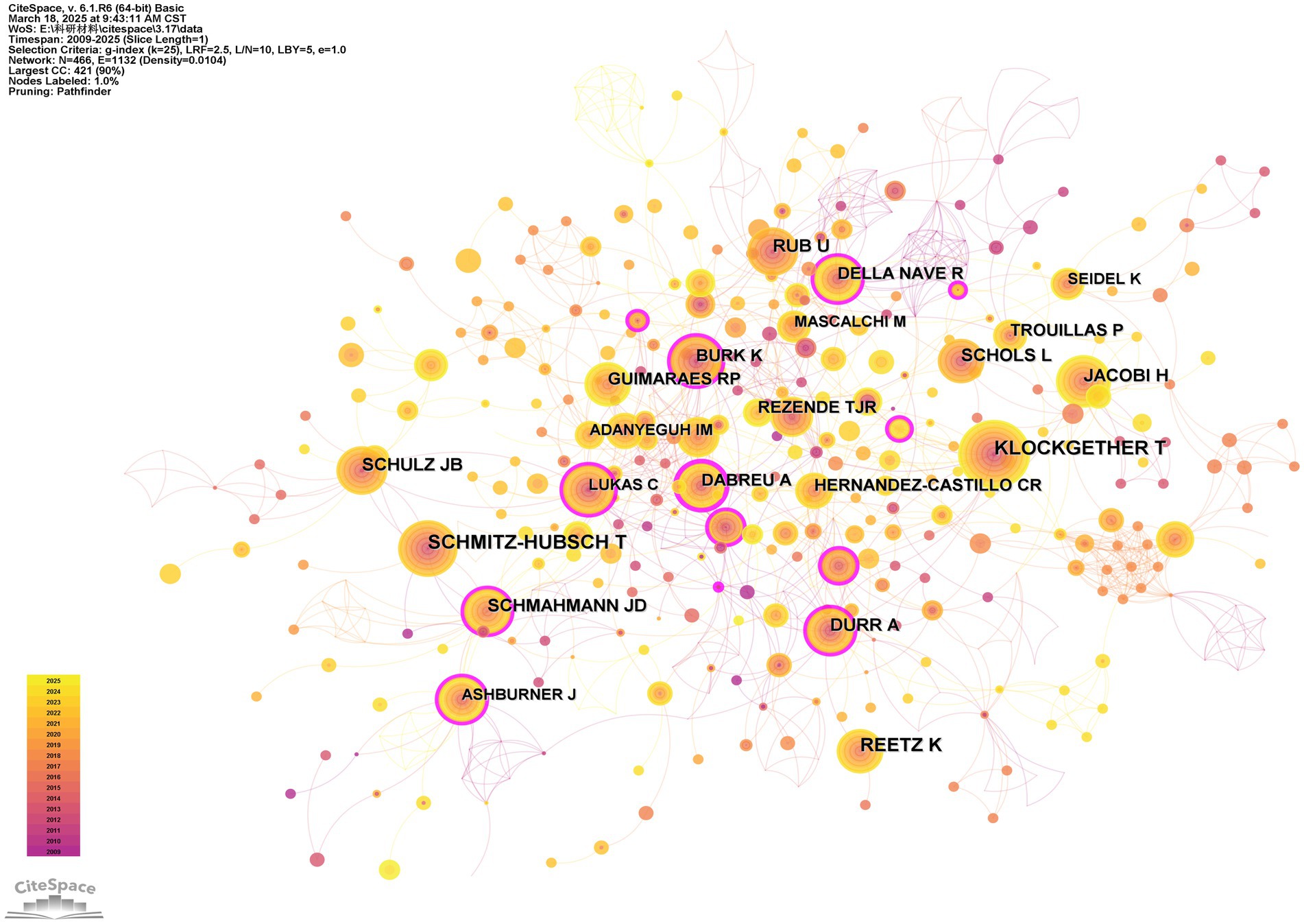 Network visualization depicting authorship connections using CiteSpace. Nodes represent authors, with size indicating publication volume and color denoting publication year from 2013 to 2023. Prominent authors are labeled, and links illustrate collaboration. A color gradient legend is provided.