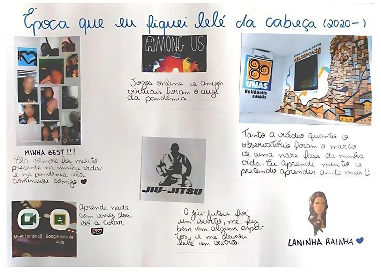 Collage of personal experiences during 2020-2021 with handwritten notes and images. Includes blurred photos of people, “Among Us” game logo, a mural at UNAS Heliópolis e Região, a jiu-jitsu image, Google Meet and Classroom icons, and a portrait labeled “LANINHA RAINHA.” Text reflects on online games, education, friendships, learning experiences, and personal growth during the pandemic.