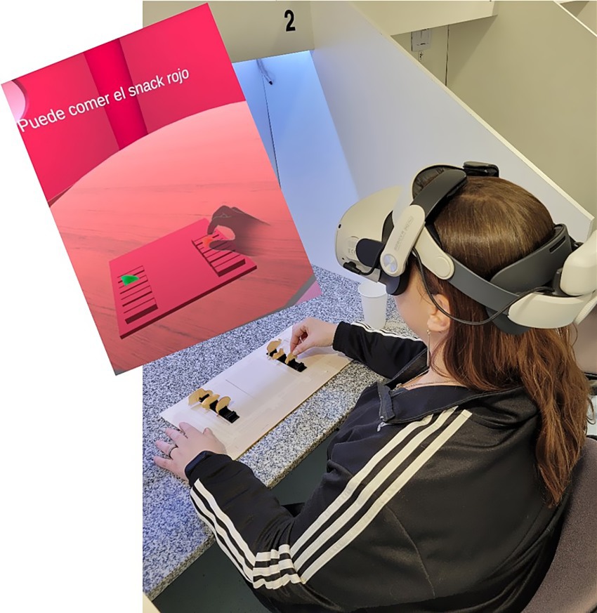 A person wearing a virtual reality headset interacts with a tactile setup on a table. An overlay shows a virtual environment with the message