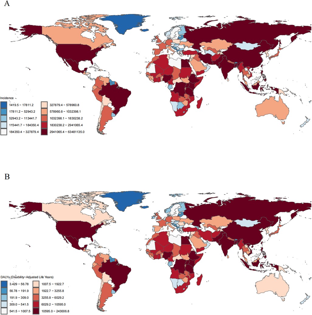 Two world maps display data on a color gradient. Map A shows global disease incidence, ranging from darker shades (higher incidence) to lighter ones (lower incidence). Map B represents disability-adjusted life years (DALYs), similarly employing a color gradient for visual comparison. A legend indicates the gradient values. Regions with high incidence or DALYs are dark red, while lower values are light blue. The maps highlight significant geographic variations in disease burden.