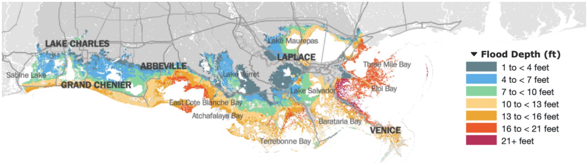 Map of Louisiana showing projected flood depths from one to over twenty-one feet. Colors range from dark gray for lower depths to dark red for higher depths. Key areas labeled include Lake Charles, Grand Chenier, Abbeville, Laplace, and Venice. The scale on the right indicates flood depths.