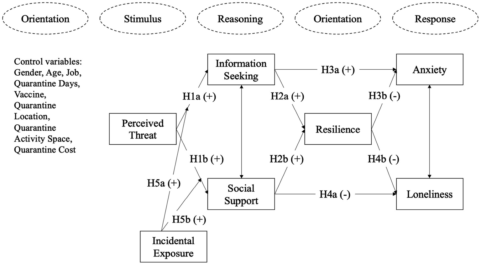 Flowchart illustrating relationships between variables related to responses during the COVID-19 pandemic: Orientation, Stimulus, Reasoning, Respiration, and Response. It includes the relationships among Perceived Threat, Information Seeking, Social Support, Resilience, Incidental Exposure, Anxiety, and Loneliness, which align with the OSROR model and form the basis for the research hypotheses and framework of this study.