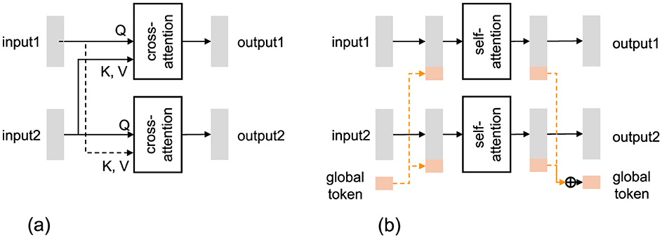 Comparison of (a) Cross-attention layer (CAL), where each input attends to the other's features using cross-attention, and (b) Global token layer (GTL), where a shared global token interacts with all inputs through self-attention and is updated via aggregation across layers.