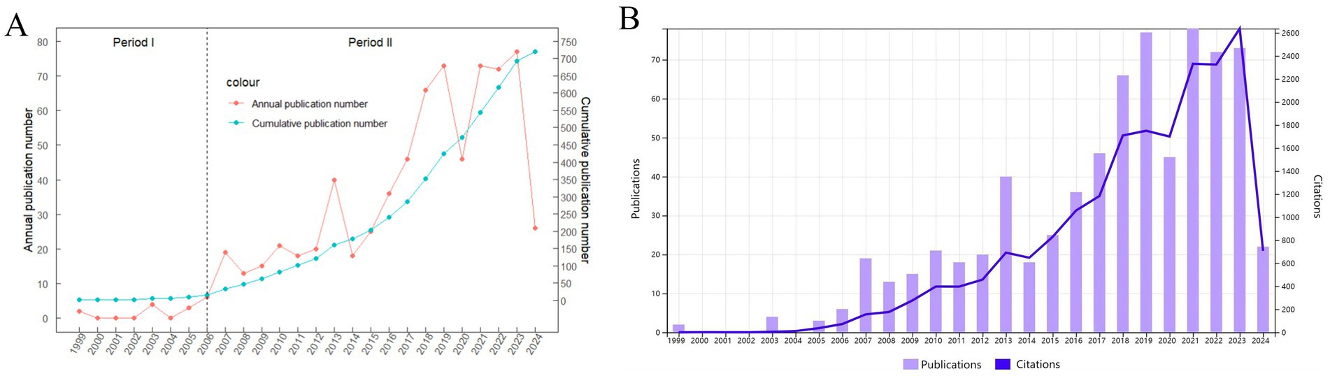 Chart A depicts annual and cumulative publication numbers from 1997 to 2024, showing an increase post-2006, divided into two periods. Chart B displays publications and citations over the same timeframe, illustrating a rise in both, with citations shown by a line and publications by bars. Both charts indicate a notable growth in publications and citations over the years.