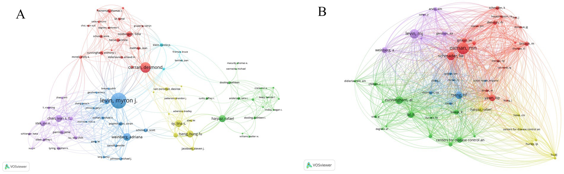 Two network diagrams labeled A and B illustrate complex relationships among various nodes, represented by colored circles of different sizes. Diagram A shows a central node
