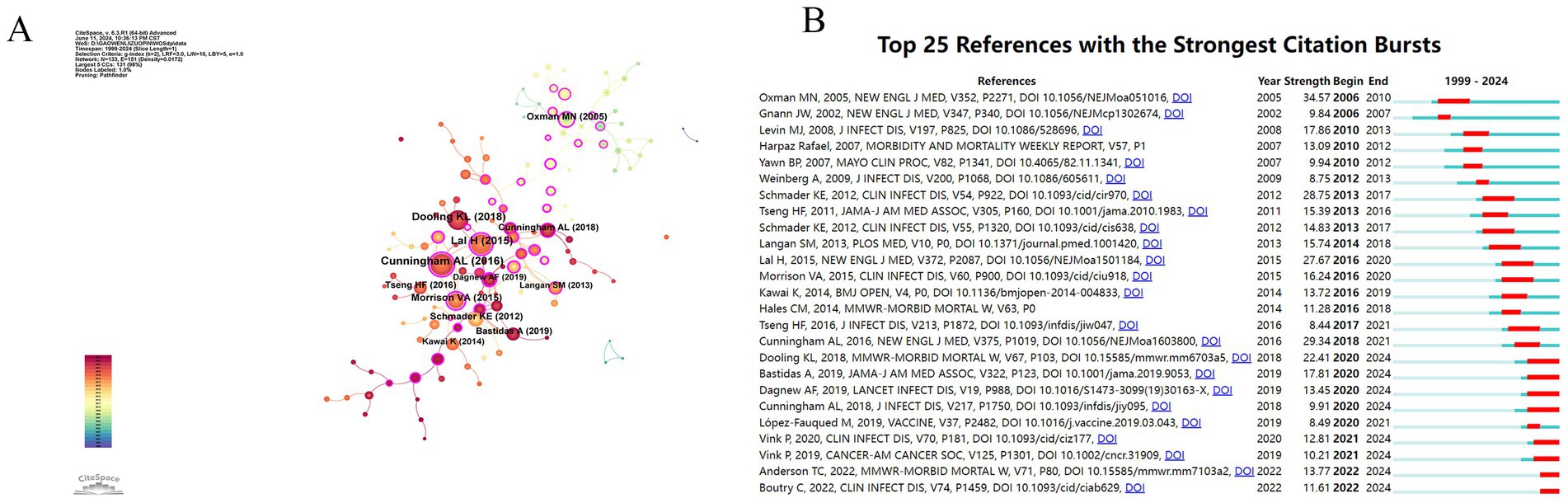 Panel A shows a network visualization of references with citation bursts, highlighting key authors with larger circles. Panel B lists the top twenty-five references with strong citation bursts, detailing years, burst strengths, and a timeline from 1999 to 2024.