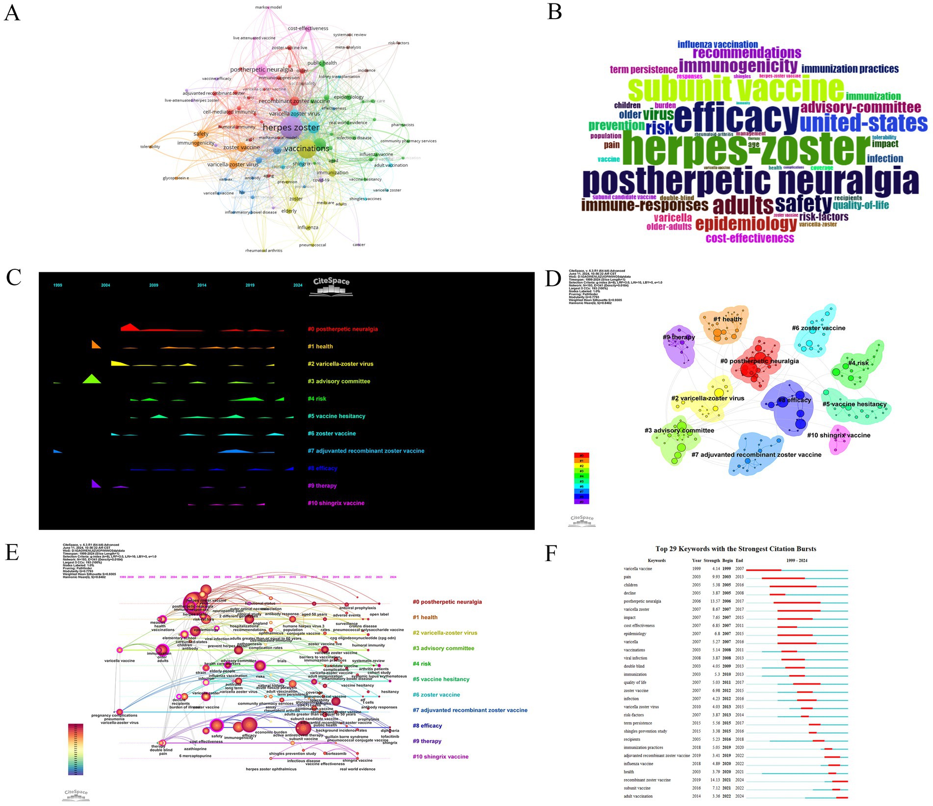 A visual depiction comprising six panels related to research on herpes zoster and vaccines:A. A network visualization showing interconnected keywords, with