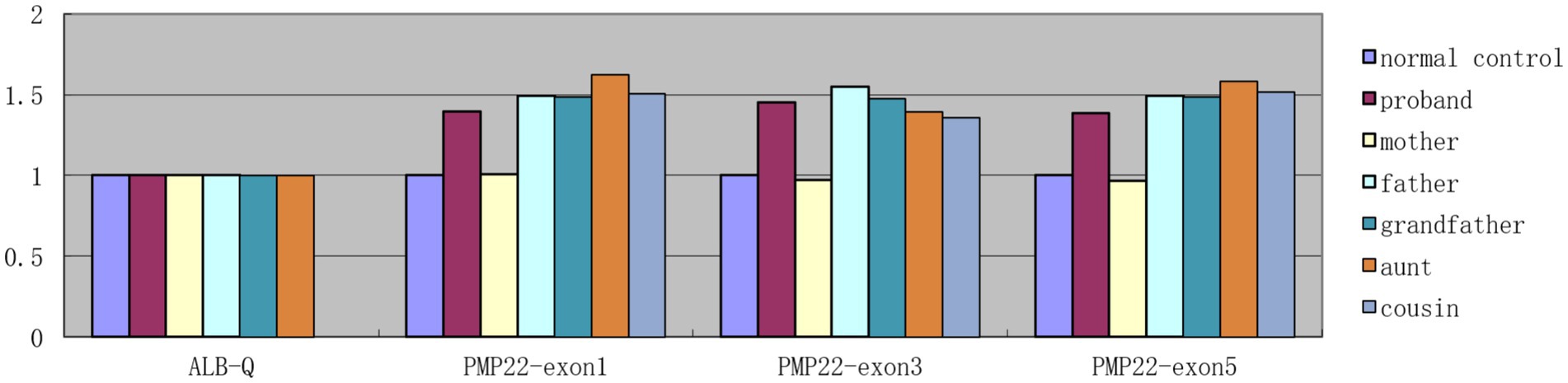 Bar chart comparing expression levels of ALB-Q, PMP22-exon1, PMP22-exon3, and PMP22-exon5 across family members. Legend indicates normal control, proband, mother, father, grandfather, aunt, and cousin, each represented by a different color.