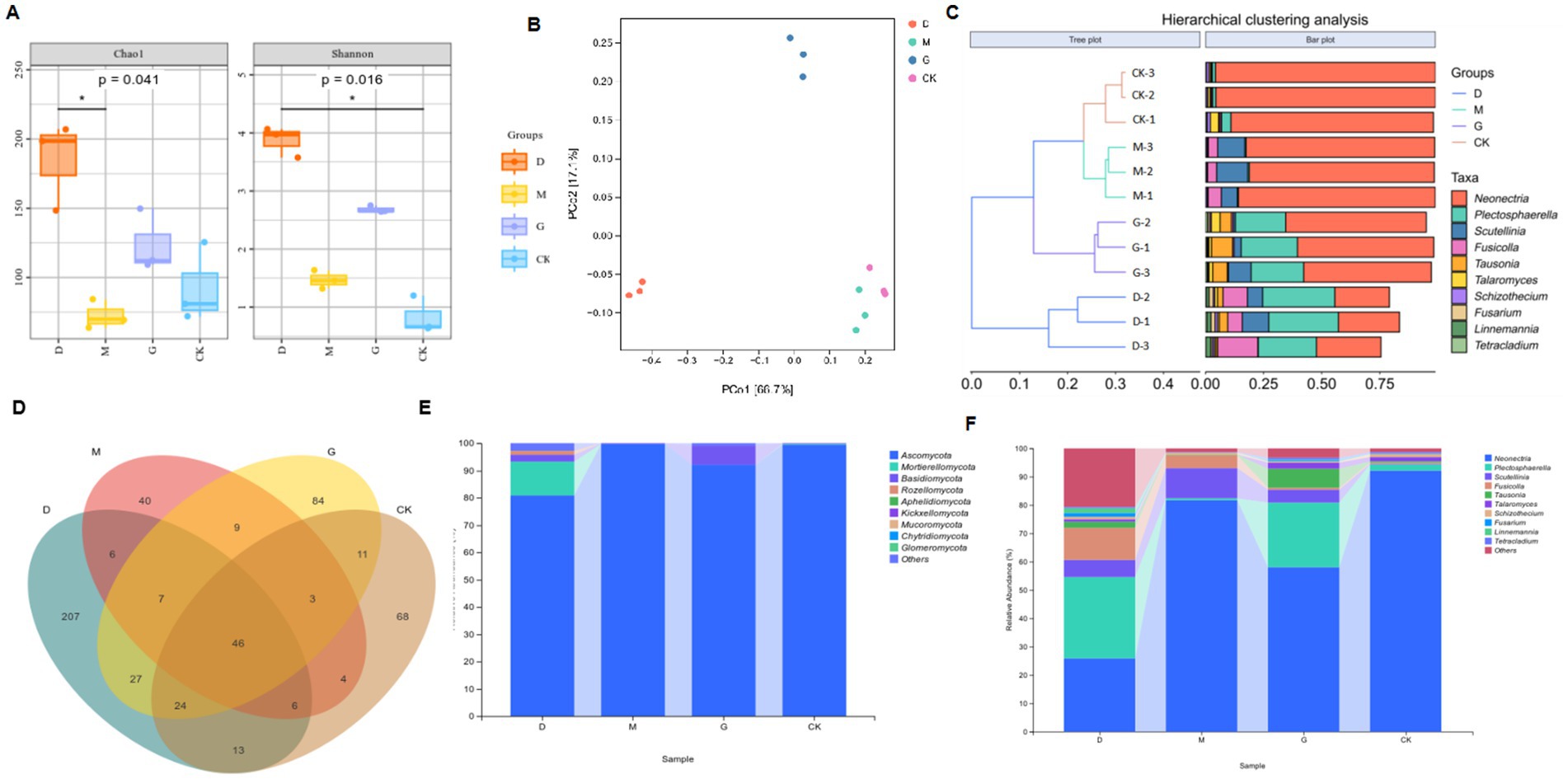 A series of charts and graphs compare data across four groups labeled D, M, G, and CK. Panel A shows box plots for Chao1 and Shannon indices with significant p-values. Panel B presents a scatter plot for principal coordinate analysis (PCoA). Panel C includes a hierarchical clustering tree and bar plot indicating taxa distribution among groups. Panel D is a Venn diagram illustrating shared elements among the groups. Panels E and F display bar charts of relative abundance for different taxa and phyla, respectively. Groups and taxa are represented with distinct colors.