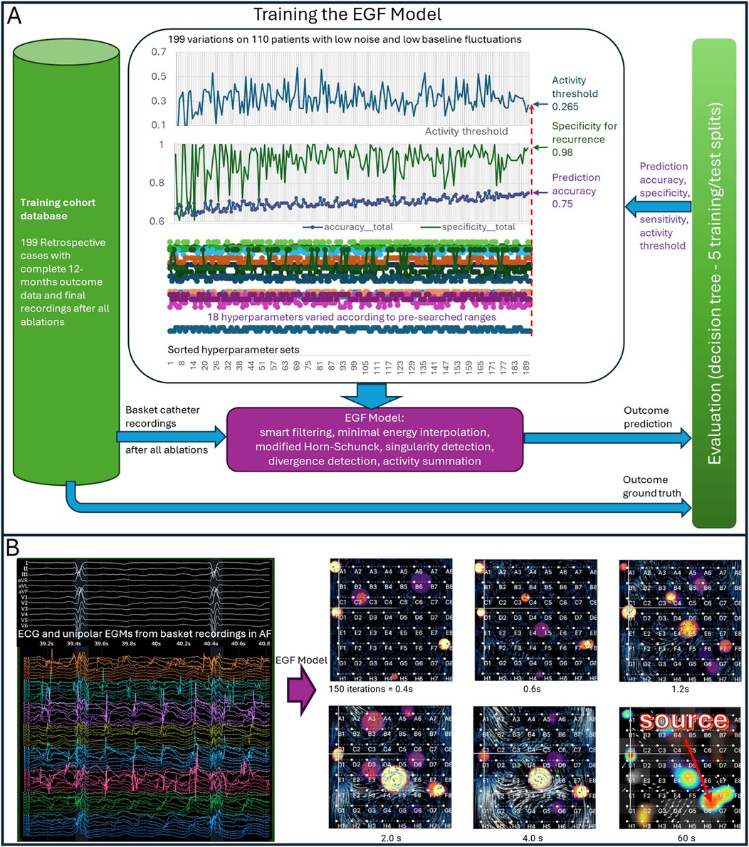 Diagram illustrating the training of the EGF model, showing data processing and analysis from basket catheter recordings in patients. Panel A features graphs highlighting accuracy, specificity, and hyperparameter variations in a dataset of 199 cases. The workflow includes smart filtering and energy interpolation, leading to outcome predictions and evaluations through a decision tree. Panel B displays ECG and unipolar EGM data processed by the EGF model, demonstrating progression from initial iterations to source identification over time.