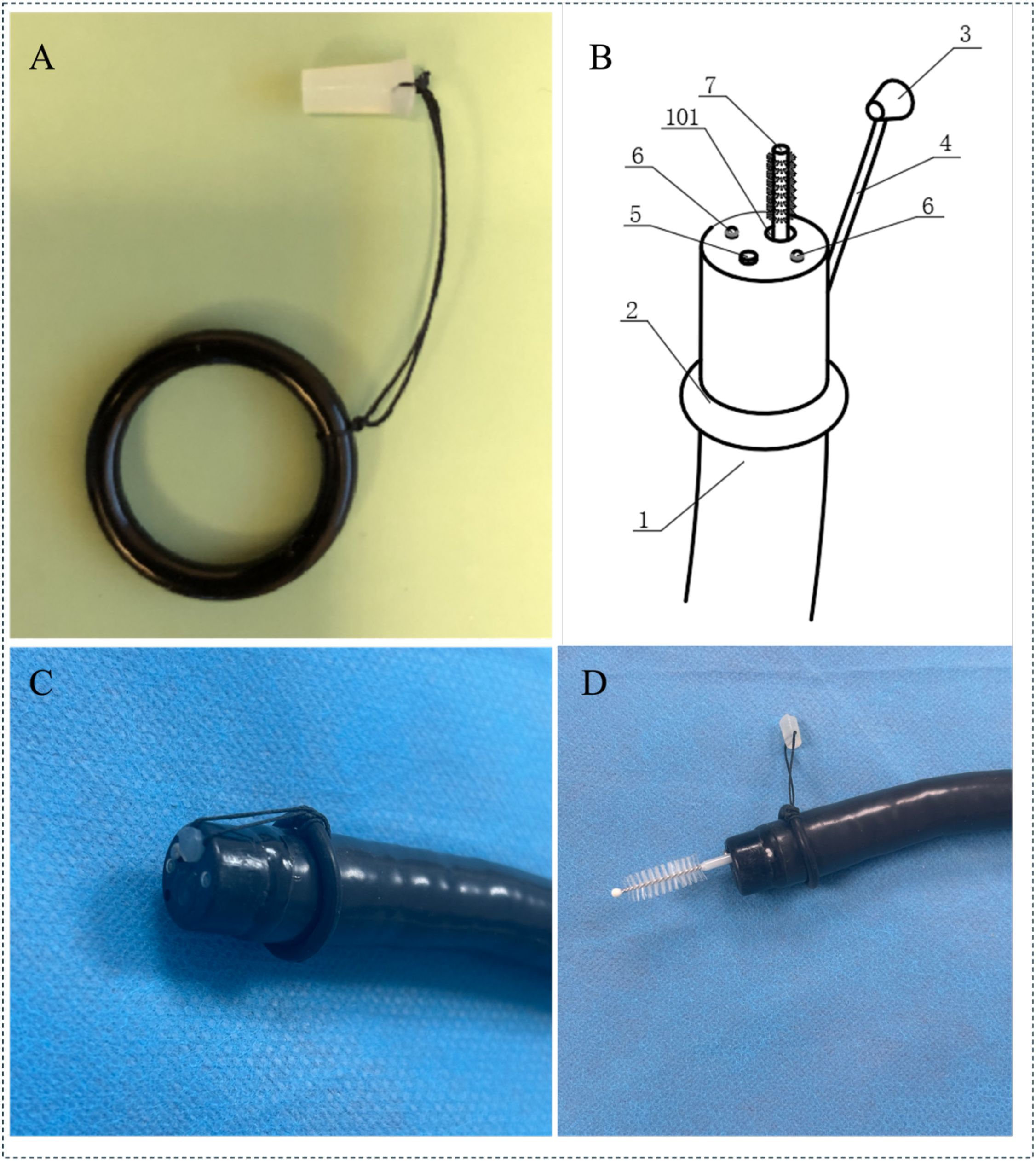 A set of four images labeled A to D. A: A circular black ring with a string attached to a small white piece. B: A technical drawing of a cylindrical component with numbered labels indicating various parts, such as a handle and connectors. C: The end of a flexible black tube with a small circular cap on a blue background. D: A similar black tube with a white brush-like attachment at the end, also on a blue background.