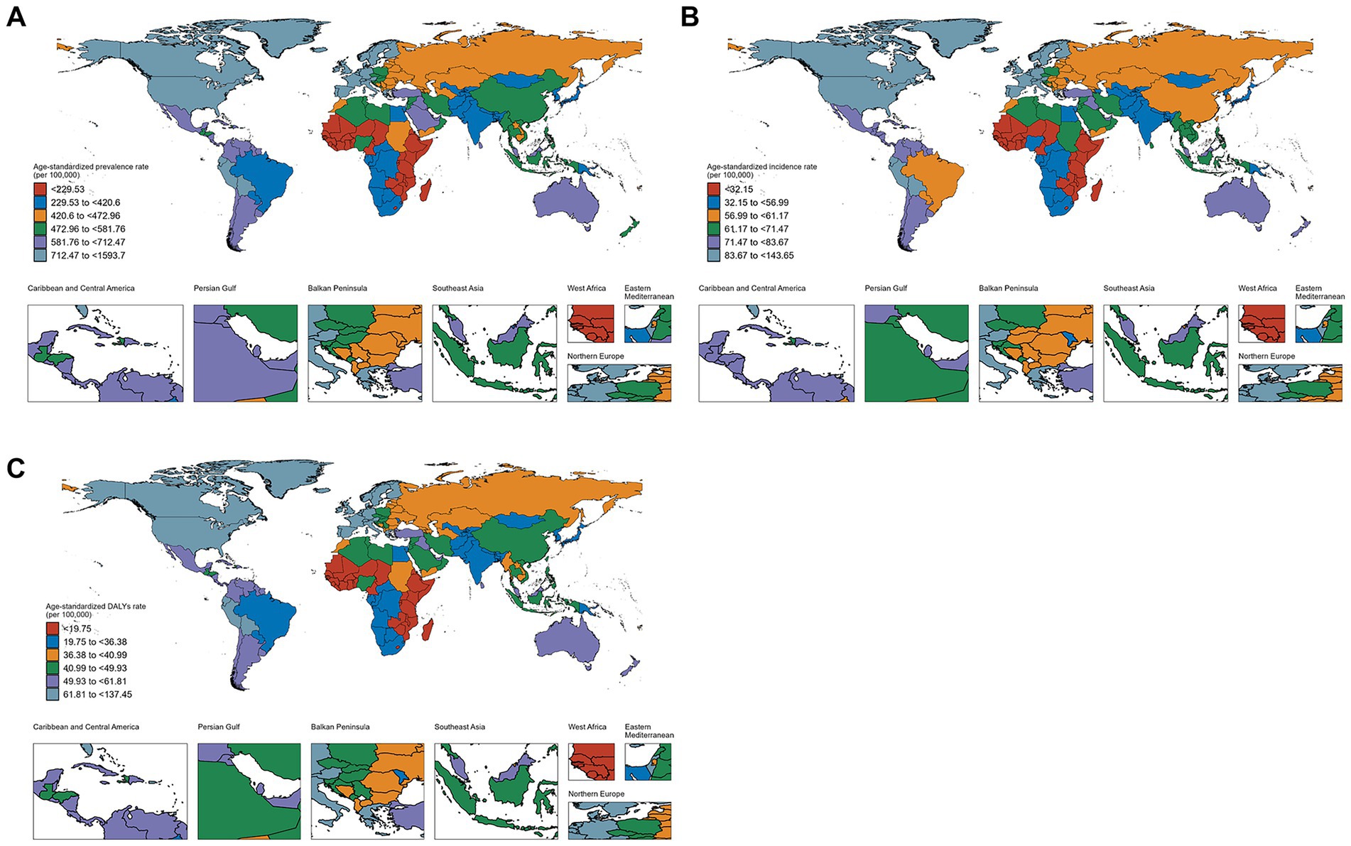 Three world maps depict health metrics, with regions color-coded based on specific data ranges. Map A shows age-standardized prevalence rates, Map B displays age-standardized incidence rates, and Map C illustrates age-standardized DALY rates. Insets for regional detail include the Caribbean, Persian Gulf, Balkan Peninsula, Southeast Asia, West Africa, Eastern Mediterranean, and Northern Europe, highlighting variations across selected geographical areas.