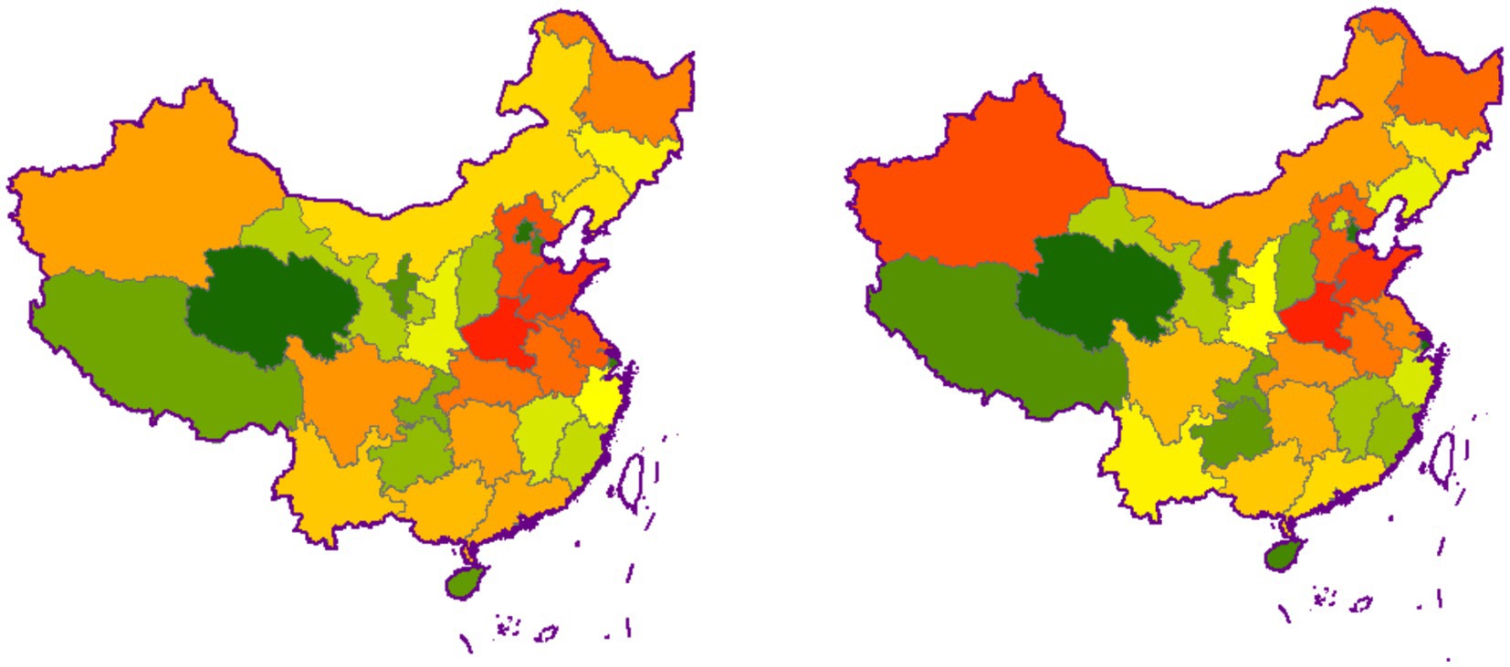 Two maps of China are shown side by side, illustrating different regions with varying colors. The left map uses shades of green, yellow, and orange, while the right map features deeper greens and reds. Each color likely represents a specific data parameter or classification within the regions.