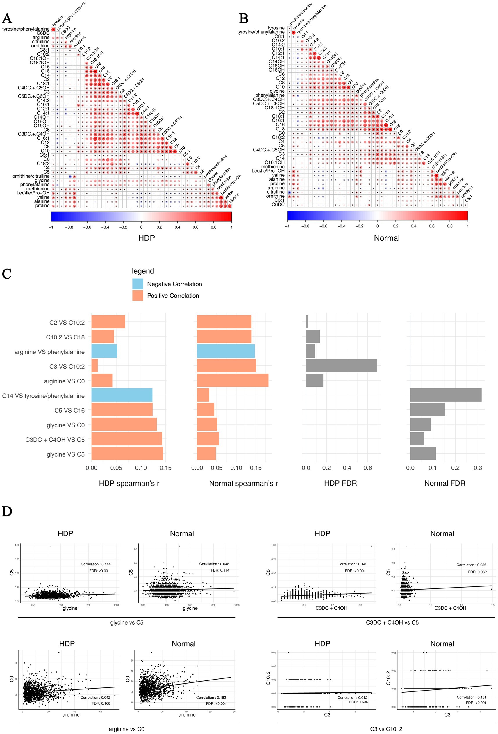The image contains four panels labeled A, B, C, and D. Panel A shows a triangular correlation matrix heatmap for HDP, displaying correlations among metabolites with a red-to-blue color gradient. Panel B shows a similar heatmap for a normal group. Panel C contains bar charts illustrating Spearman's correlation coefficients and false discovery rates (FDR) for different metabolite comparisons, with colored bars indicating positive and negative correlations. Panel D presents scatter plots for various metabolite comparisons between HDP and normal groups, showing correlation values and FDR statistics.