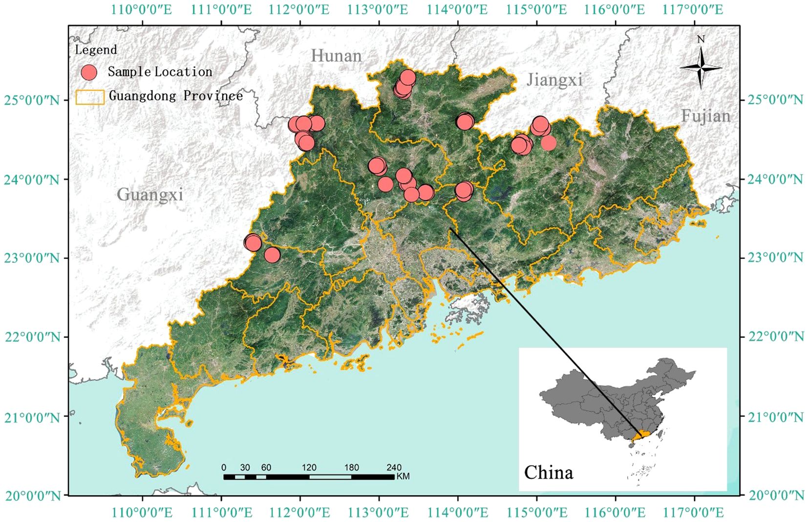 Map of Guangdong Province, China, highlighting sample locations with red circles. The province is outlined in yellow and neighboring provinces are labeled. A scale bar and compass rose are included, with an inset showing Guangdong's location in China.