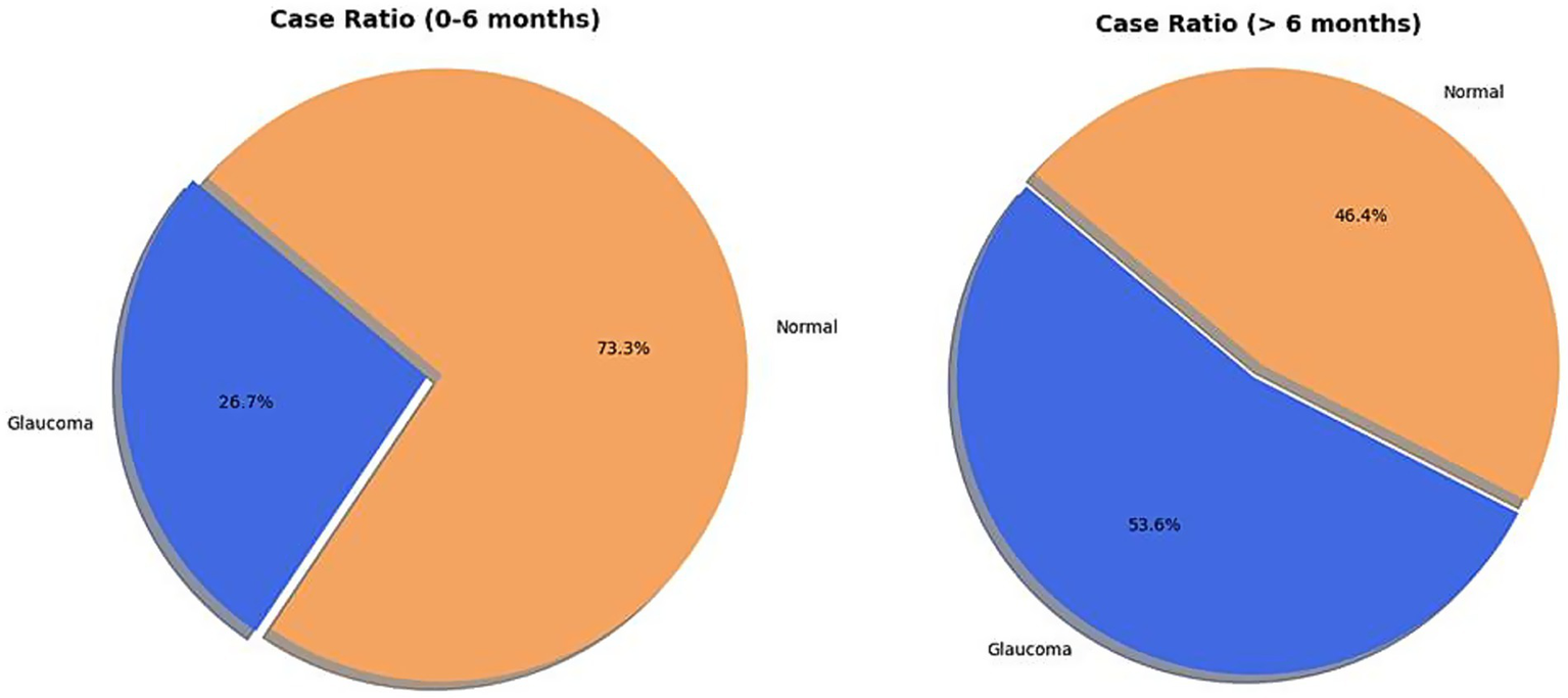Two pie charts compare case ratios of normal and glaucoma conditions. The left chart for ages zero to six months shows 73.3% normal and 26.7% glaucoma. The right chart for over six months shows 46.4% normal and 53.6% glaucoma.