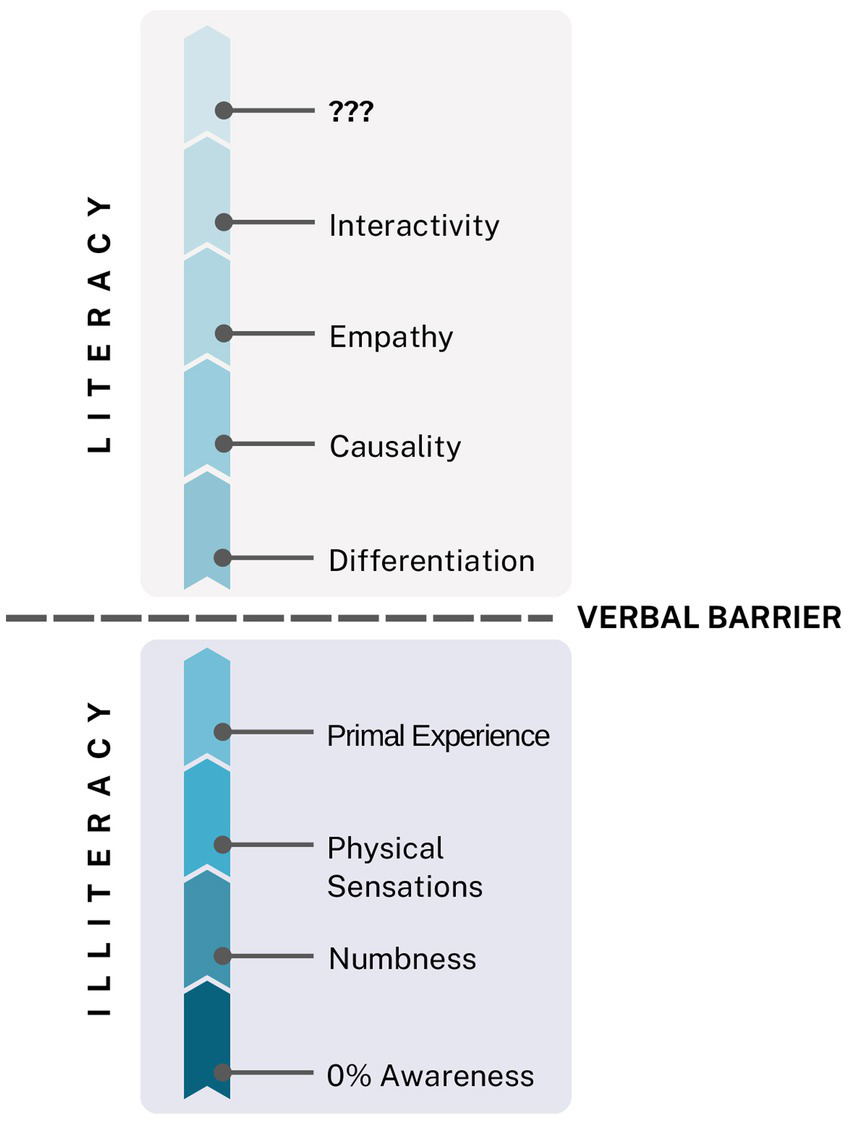 Diagram illustrating literacy and illiteracy levels separated by a verbal barrier. On the literacy side: Differentiation, Causality, Empathy, Interactivity, and a question mark. On the illiteracy side: Primal Experience, Physical Sensations, Numbness, and Zero Percent Awareness.