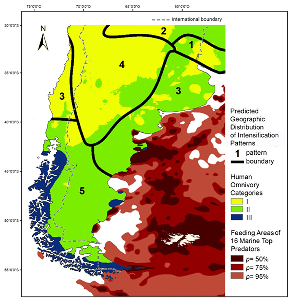 Map depicting predicted geographic distribution of intensification patterns and human omnivory categories in southern south America. Areas are color-coded: yellow (Category I), green (Category II), blue (Category III). Feeding areas of 16 marine top predators are shown with varying shades of red indicating 50%, 75%, and 95% probability. Black lines indicate pattern boundaries, and dashed lines mark international boundaries. North is oriented upwards.