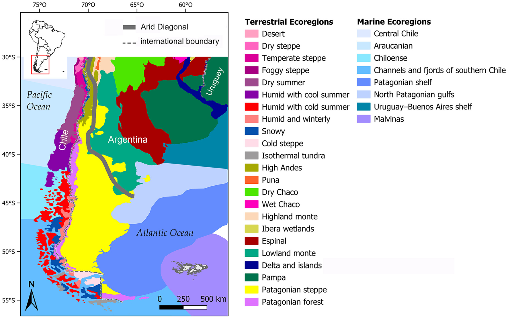 Map illustrating ecoregions in southern South America, including terrestrial and marine zones. Terrestrial areas like desert, steppe, and Andes are marked in various colors. Marine ecoregions, such as Central Chile and Patagonian shelf, are shown in shades of blue. An inset shows the area in the South American context.