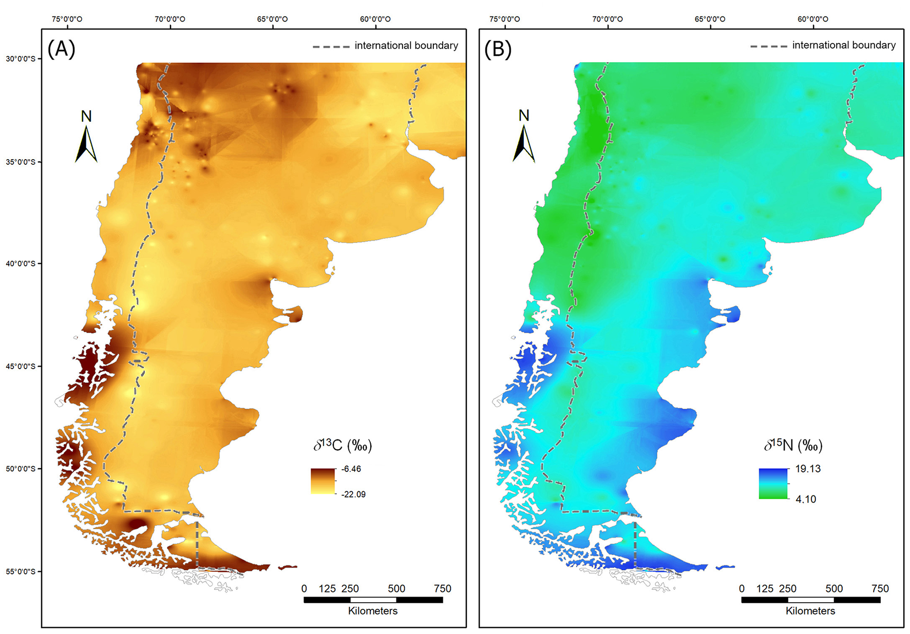 Two maps show isotope distribution in southern South America with dashed international boundaries. Map (A) illustrates δ13C values ranging from -6.46 to -22.09 in shades of orange and yellow. Map (B) displays δ15N values from 19.13 to 4.10 using shades of green and blue. Both maps include a scale bar and compass rose for orientation.