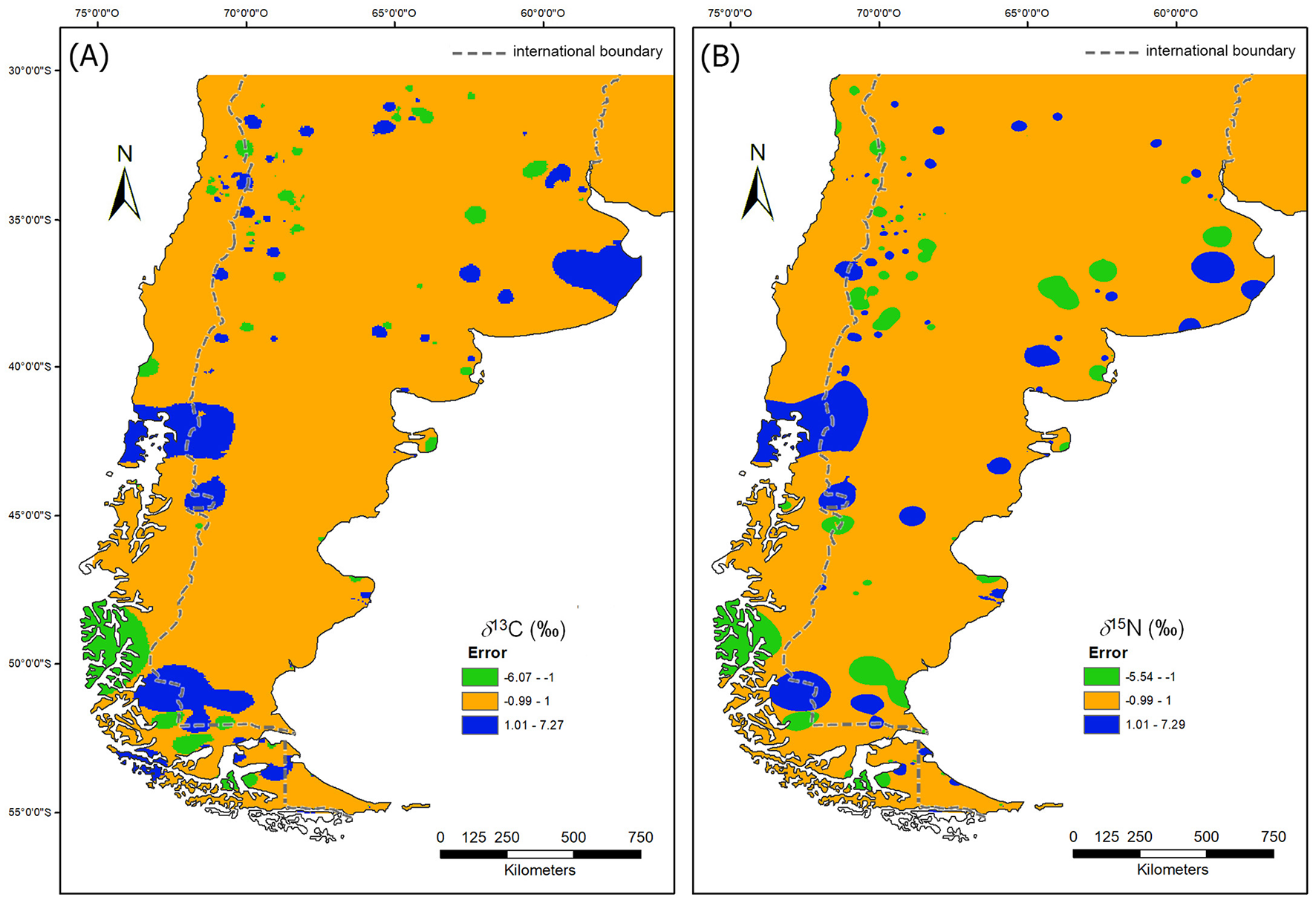 Two geographical maps labeled A and B depict different error ranges for isotopic interpolation. Map A shows δ13C error, while Map B shows δ15N error. The maps use color coding: green for error ranges -6.07 to -1 and -5.54 to -1, orange for -0.99 to 1 and -0.99 to 1, and blue for 1.01 to 7.27 and 1.01 to 7.29. Both maps include international boundaries and a scale bar indicating kilometers.