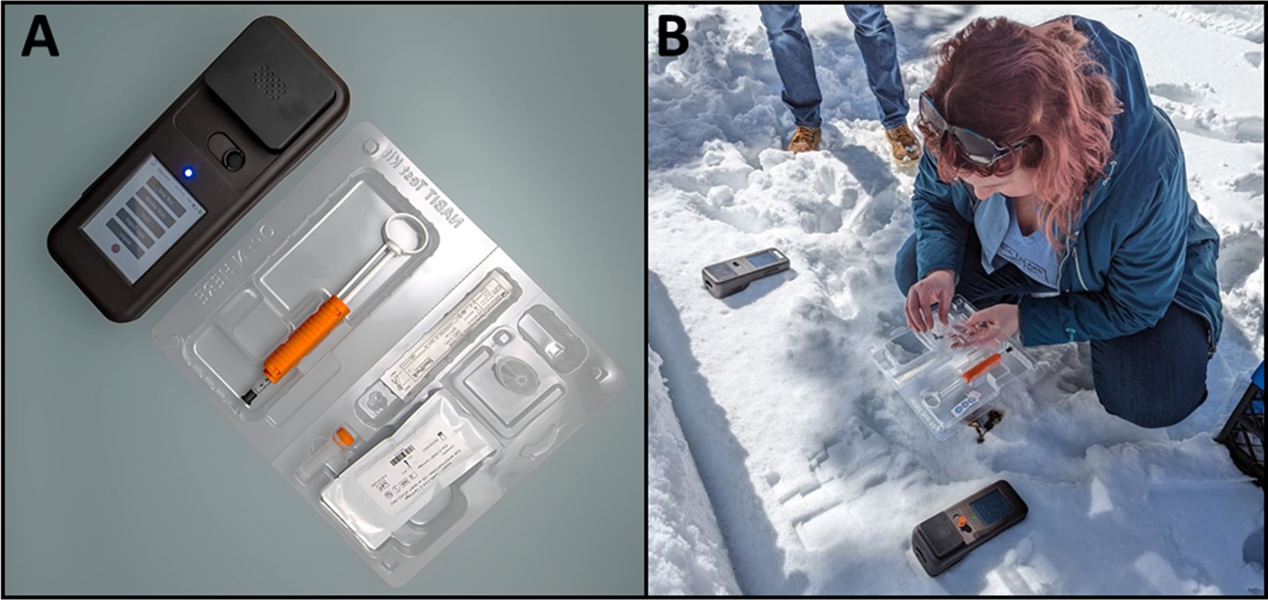 Panel A shows the NABIT device and test kit. Panel B depicts a person in snow using the NABIT and test kit.