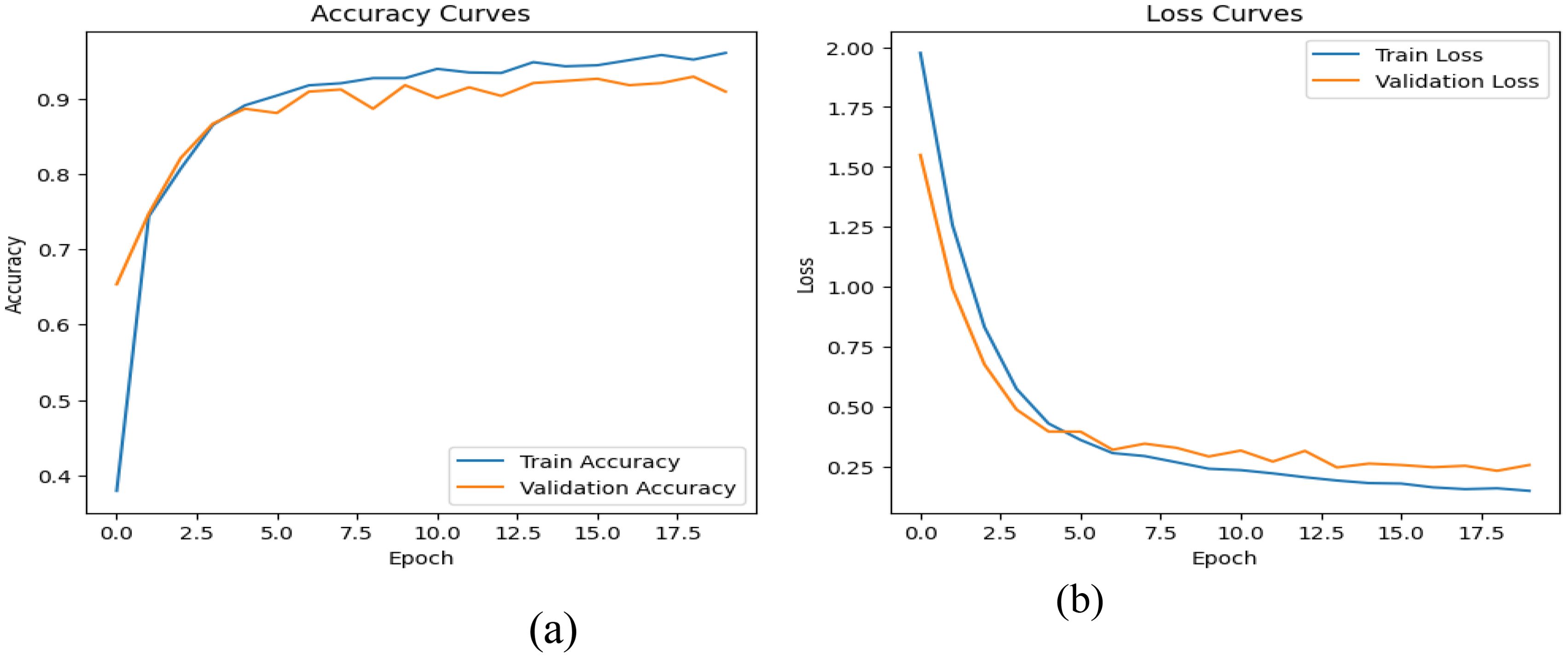 Two graphs show model performance over epochs. The left graph depicts accuracy curves for training and validation, with both increasing and converging around ninety percent. The right graph shows loss curves for training and validation, both decreasing below 0.25.