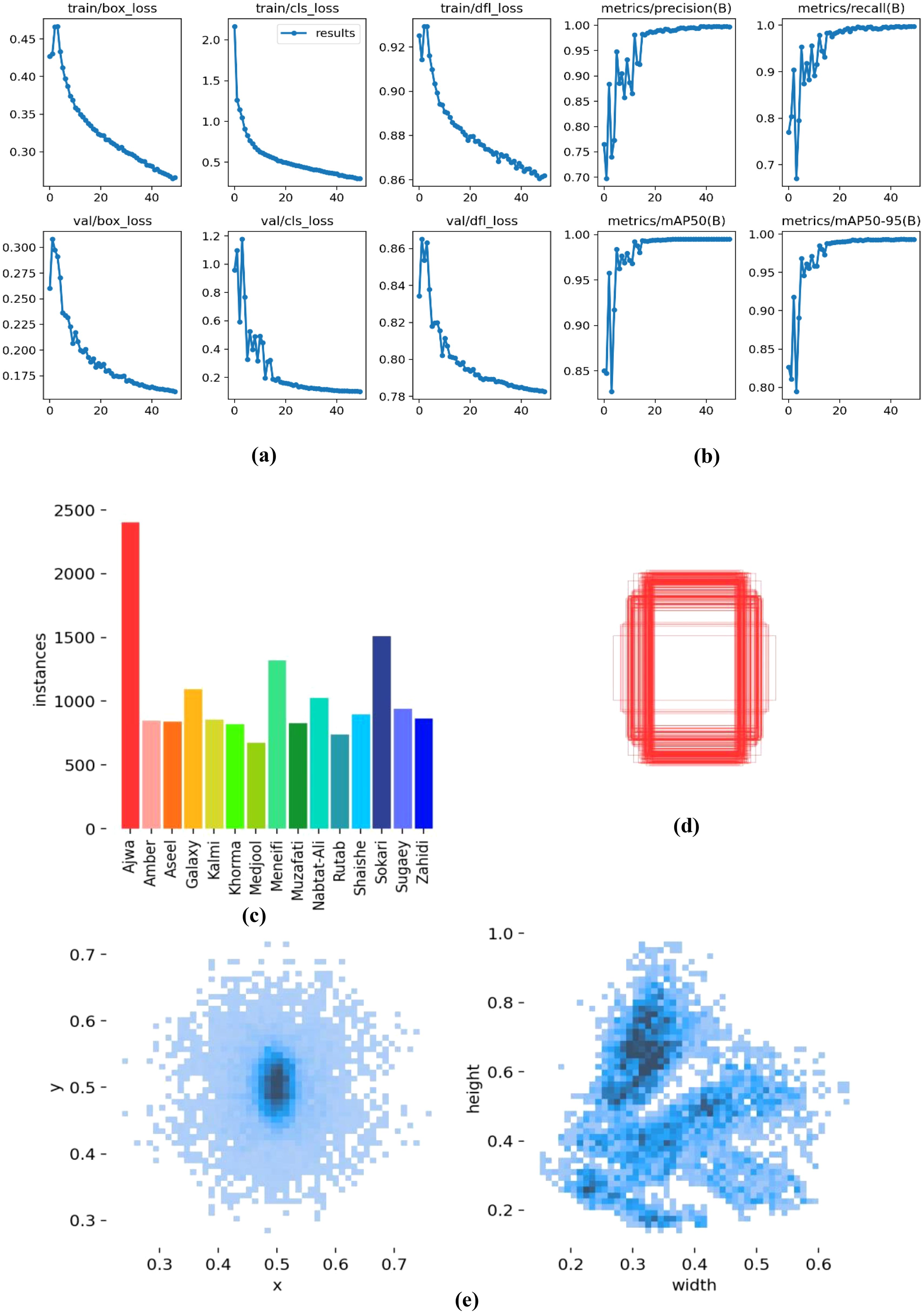 (a) Nine line charts showing training and validation metrics over time, including box loss, classification loss, and precision. (b) Bar chart with various categories showing instances from Aiwa to Zahidi. (c) Overlapping red rectangles. (d) Two scatter plots with density distributions. The left plot shows X versus Y, and the right plot shows height versus width.