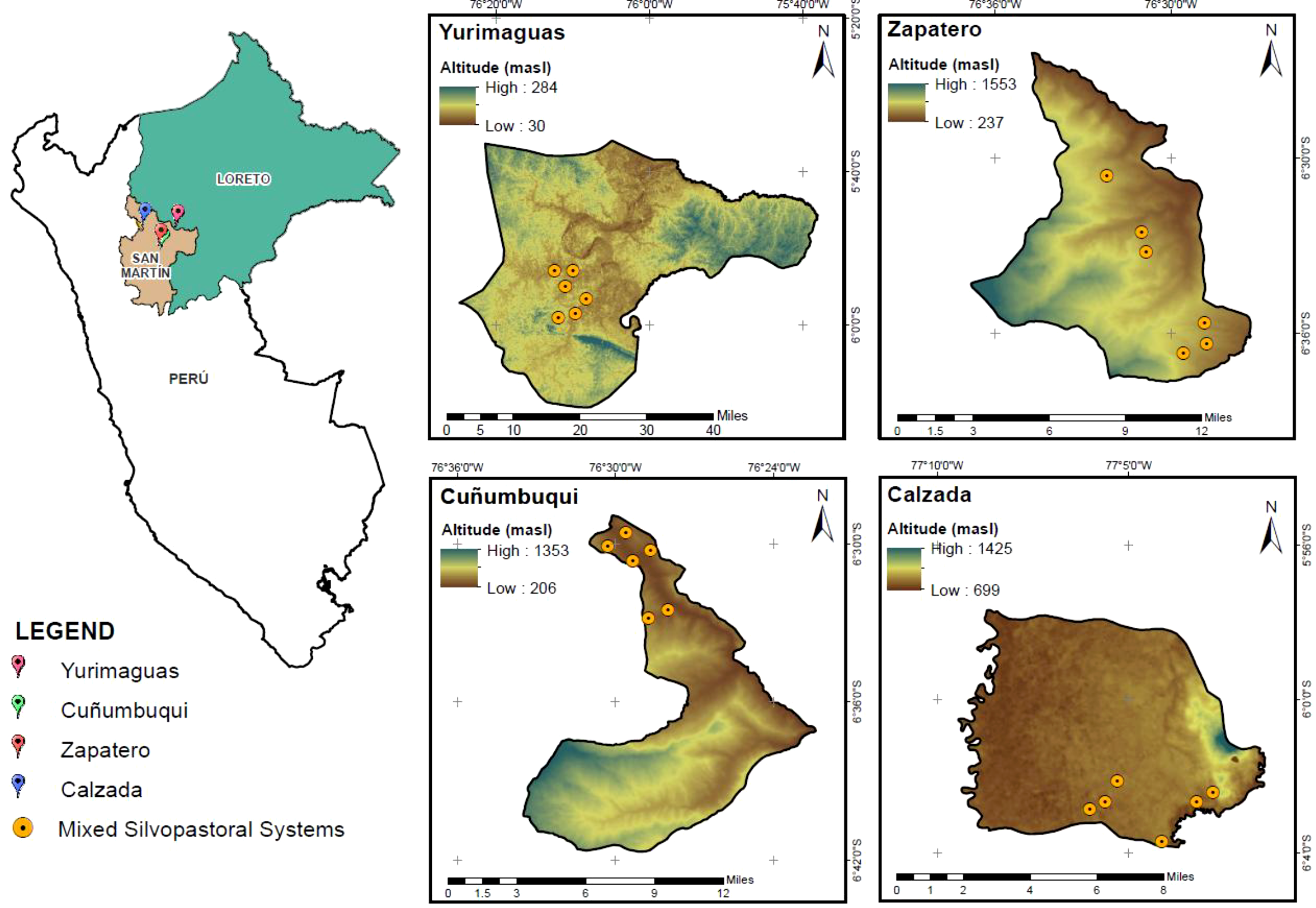 Map of Peru showing the regions of Loreto and San Martín, highlighting specific areas: Yurimaguas, Zapatero, Cuñumbuqui, and Calzada. Each inset map shows altitude variations with Yurimaguas (30-284 masl), Zapatero (237-1553 masl), Cuñumbuqui (206-1353 masl), and Calzada (699-1425 masl). Orange circles indicate mixed silvopastoral systems. A legend identifies each area with colored markers.