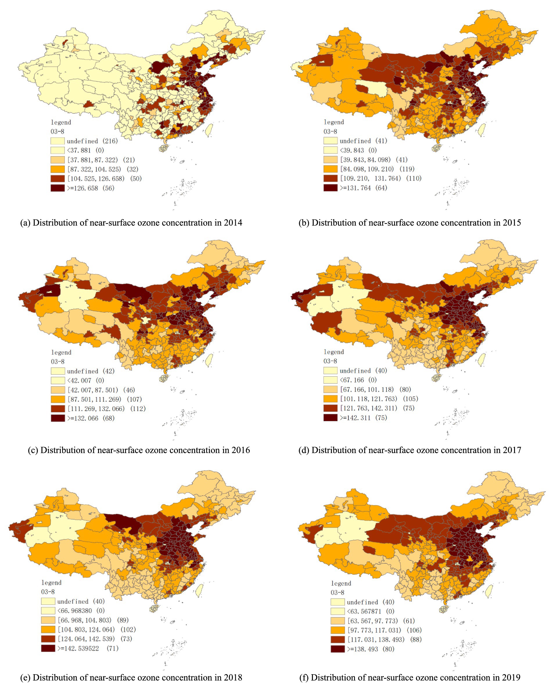 Maps of China from 2014 to 2019 show near-surface ozone concentration distribution. Each map uses a color gradient from light yellow to dark red, indicating ozone levels from low to high. The legend provides exact concentration ranges and the number of affected areas. Each map shows increasing ozone concentration, particularly in central and eastern regions, over the years.