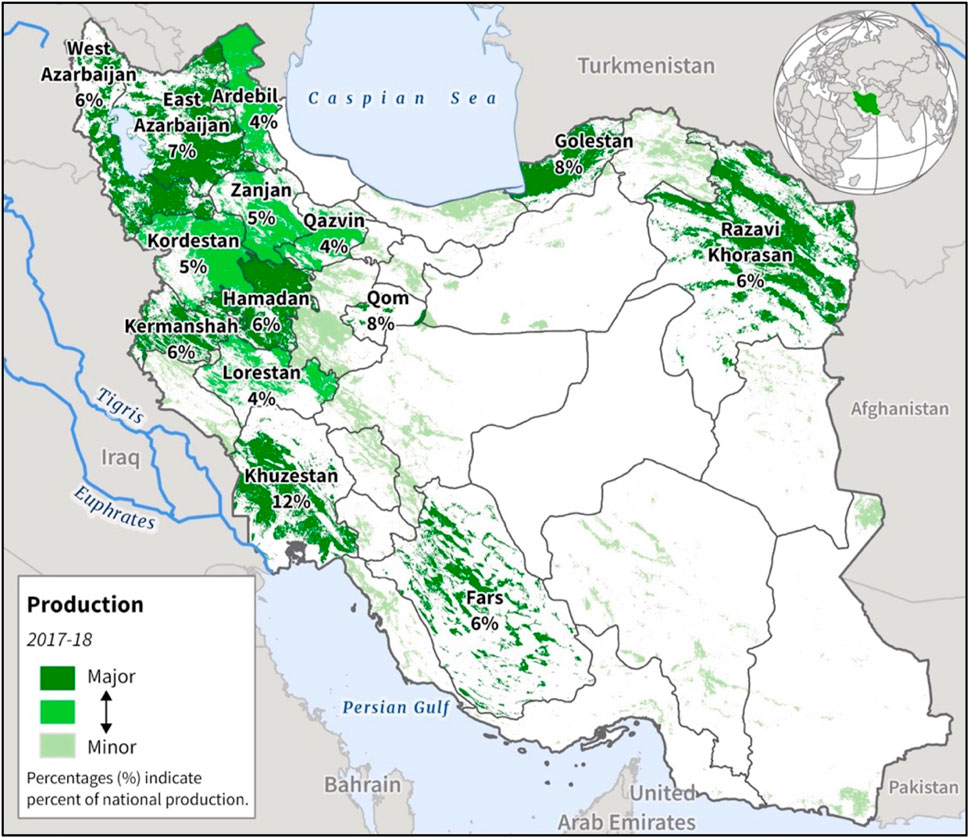 Map of Iran showing regions of wheat production for 2017-18. Areas are marked in dark green for major and light green for minor production, with percentages indicating national contributions. A globe inset highlights Iran's location.