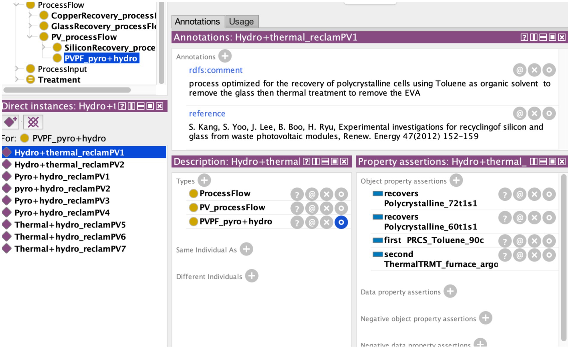 Ontology editing interface displaying various process flow elements. It includes annotations for