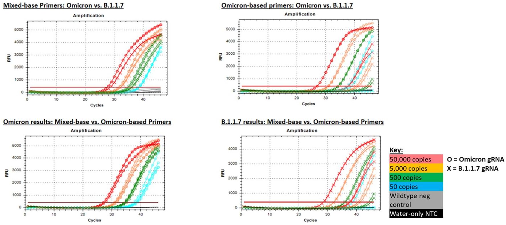 Four amplification graphs comparing 501Y mixed based primers with Omicron-based primers at various concentrations ranging from 50 copies to 50,000 copies per reaction. The use of mixed-base primers more broadly detect the 501Y mutation indicated by amplification of B.1.1.7 variant compared to amplification with Omicron-specific primers. The key indicates circles for Omicron gRNA and crosses for B.1.1.7 gRNA.