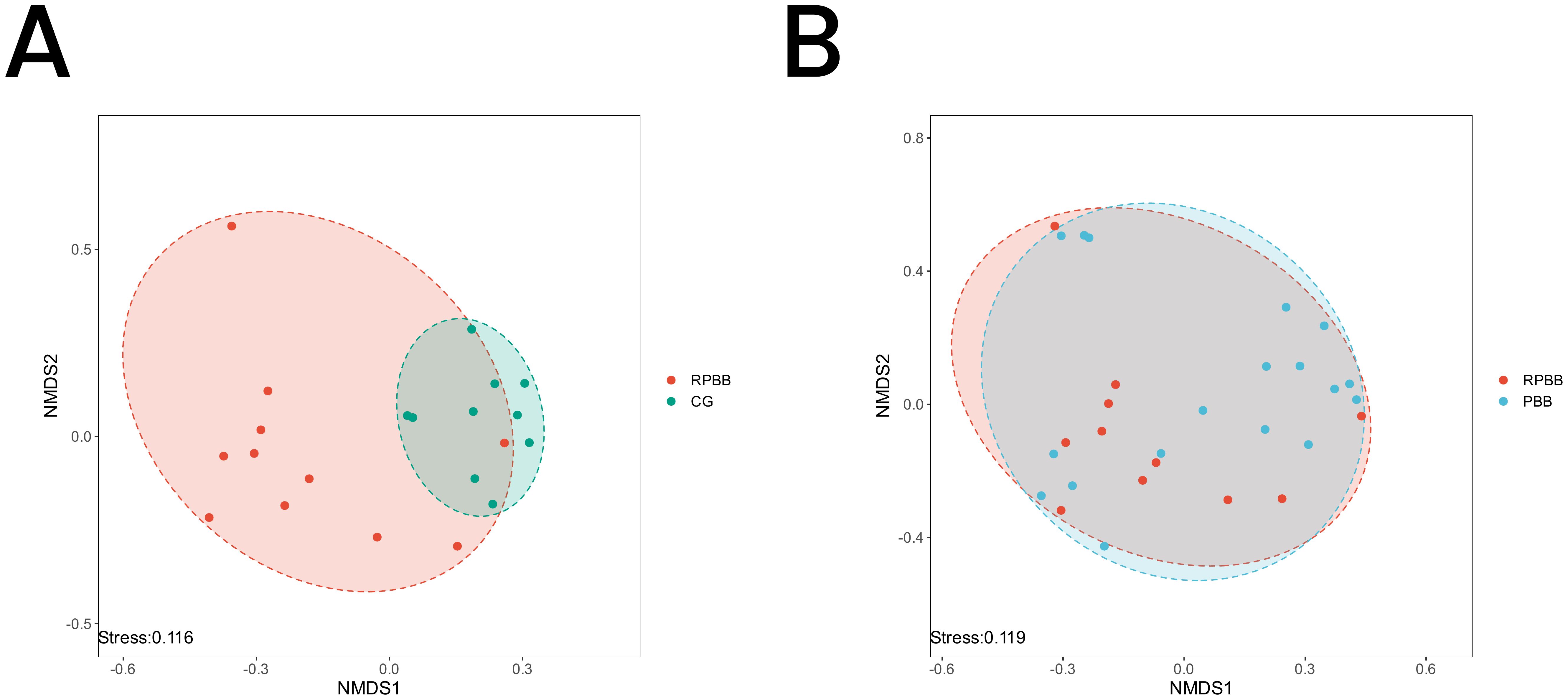 Two scatter plots labeled A and B show Non-metric Multidimensional Scaling (NMDS). Plot A depicts two groups: RPBB in red and CG in turquoise, with overlapping ellipses and a stress value of 0.116. Plot B compares RPBB and PBB groups, shaded red and blue, with a larger overlap and stress value of 0.119.