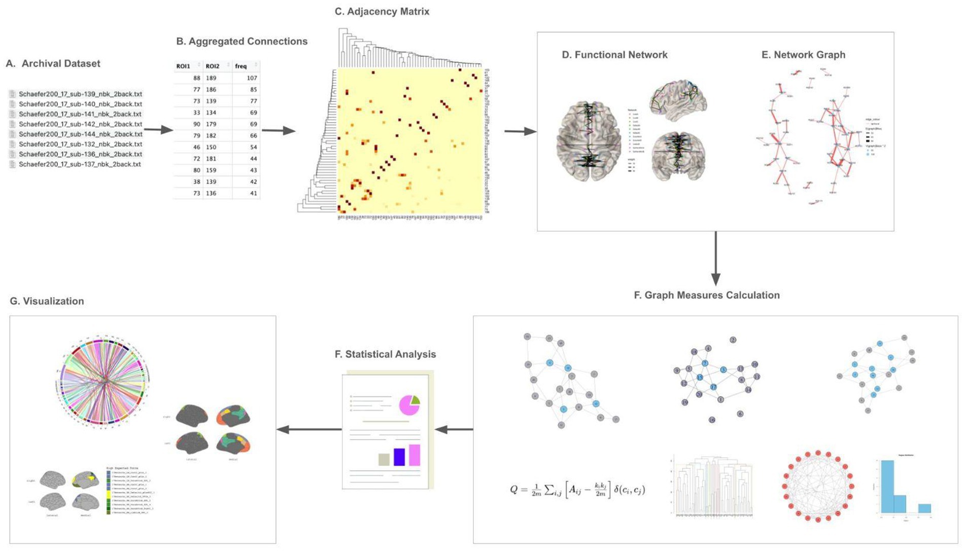 Flowchart of the process from an archival dataset to visual representation. It begins with an archival dataset (A), moves to aggregated connections (B), then to an adjacency matrix (C). This data is used to create a functional network (D) and network graph (E), followed by graph measures calculation (F). Statistical analysis (F) and visualization (G) of the results are shown, with various graphical representations and analyses of brain networks and their connections.