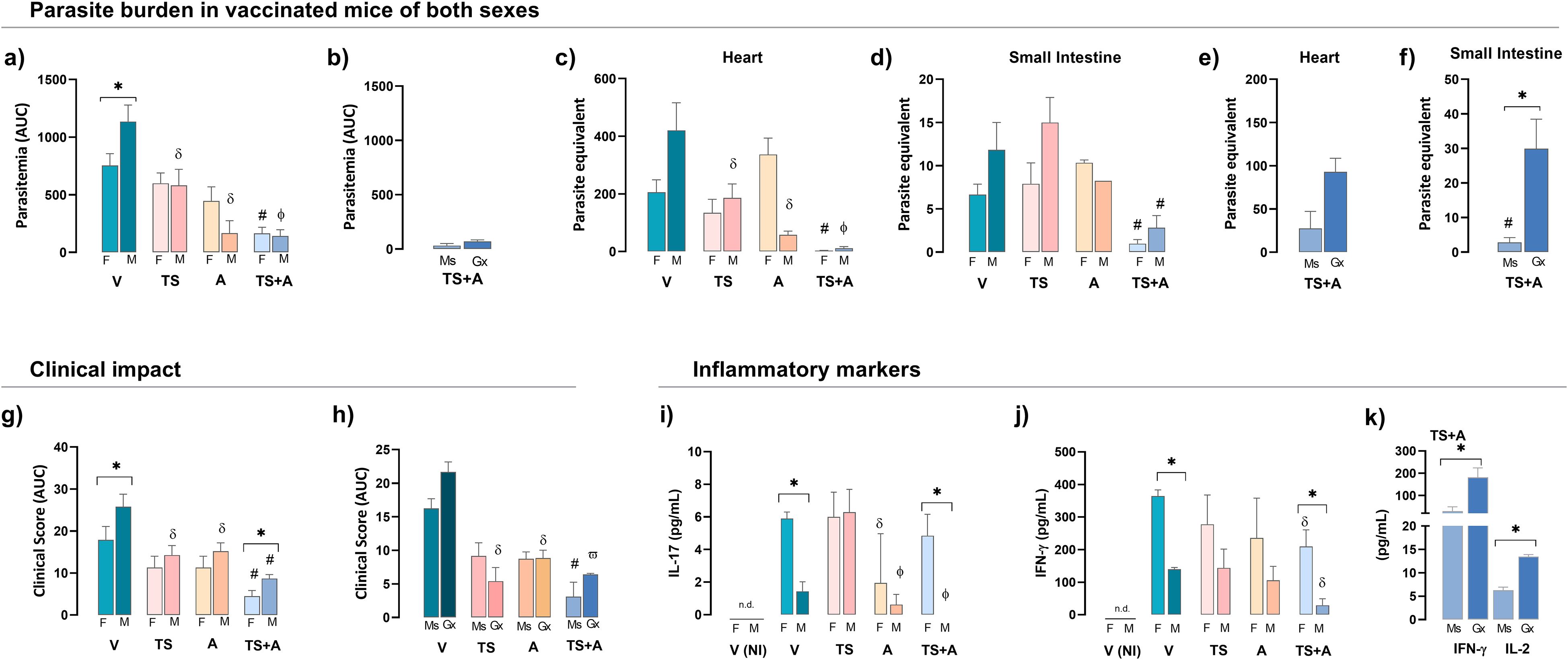 Bar graphs depict parasite burdens, clinical impacts, and inflammatory markers in vaccinated mice. Panels a-f show parasite levels in the heart and small intestine, comparing treatments (V, TS, A, TS+A) across genders. Panels g-h illustrate clinical scores under similar conditions. Panels i-k display inflammatory marker levels (IL-17, IFN-γ, IL-2) with significant differences indicated by symbols. Comparisons between males (M), females (F), and other specific immune states (Ms, Gx) are noted. Statistical significance is marked by symbols such as asterisks and deltas.