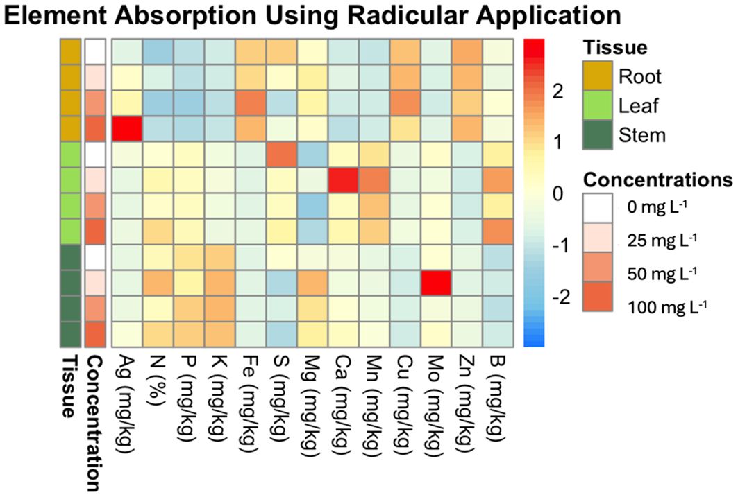 Heatmap illustrating element absorption using radicular application, with rows representing different tissues (root, leaf, stem) and columns displaying element concentrations (Ag, N, P, K, Fe, S, Mg, Ca, Mn, Cu, Mo, Zn, B). Color gradient indicates concentration levels from zero to one hundred parts per million and element absorption scale from negative two to two.