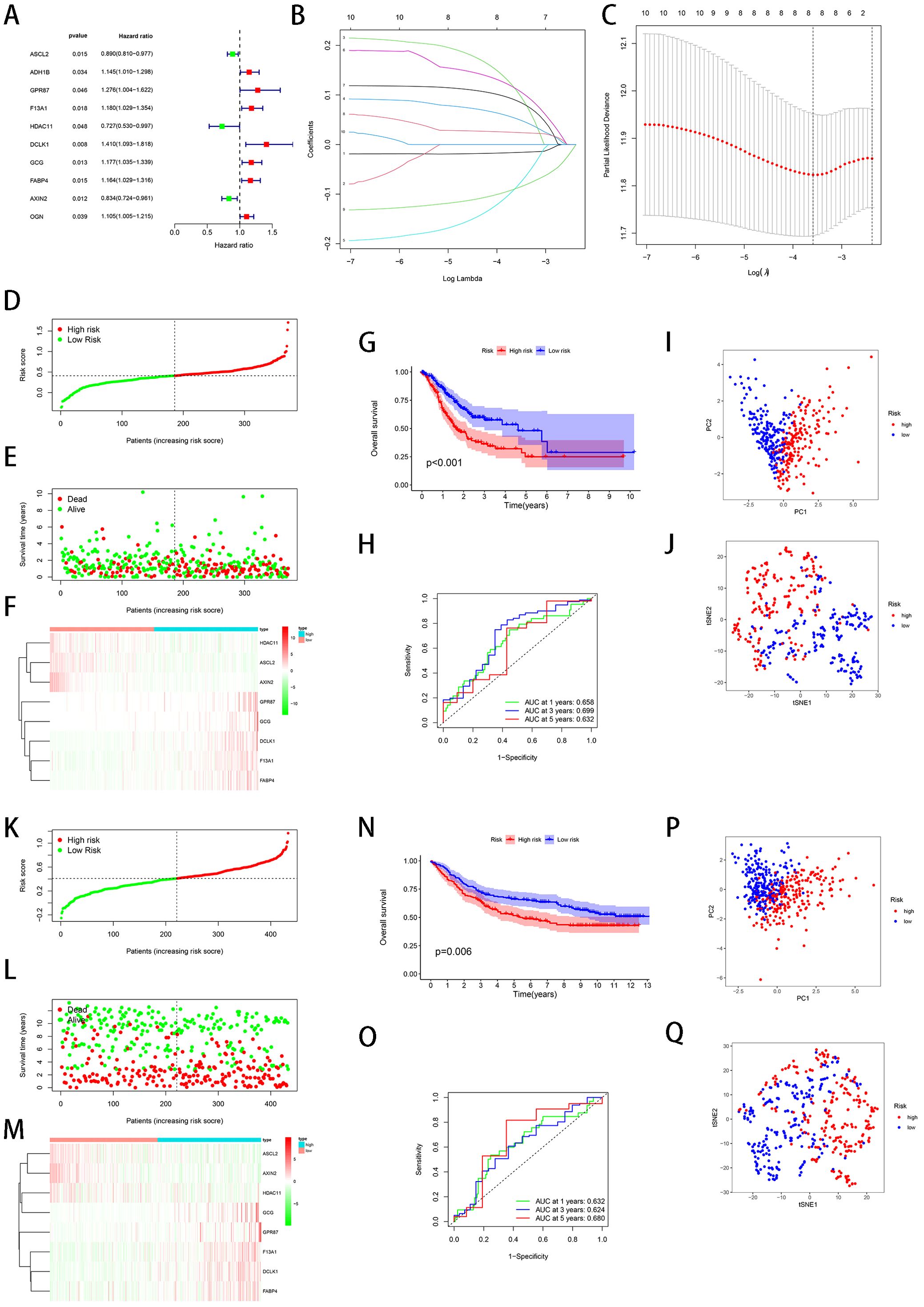 Composite image depicting multiple graphs and charts related to biomedical data analysis. Panel A shows a forest plot of hazard ratios for different genes. Panels B and C illustrate lambda curves in LASSO regression. Panel D depicts a risk score distribution. Panel E shows patient survival status. Panel F is a heatmap of gene expression. Panel G presents a Kaplan-Meier survival curve. Panel H shows ROC curves for model performance over time. Panels I and J exhibit principal component and t-SNE plots. Panels K to Q repeat similar analyses for a different dataset, illustrating risk scores, survival, ROC analysis, and clustering.